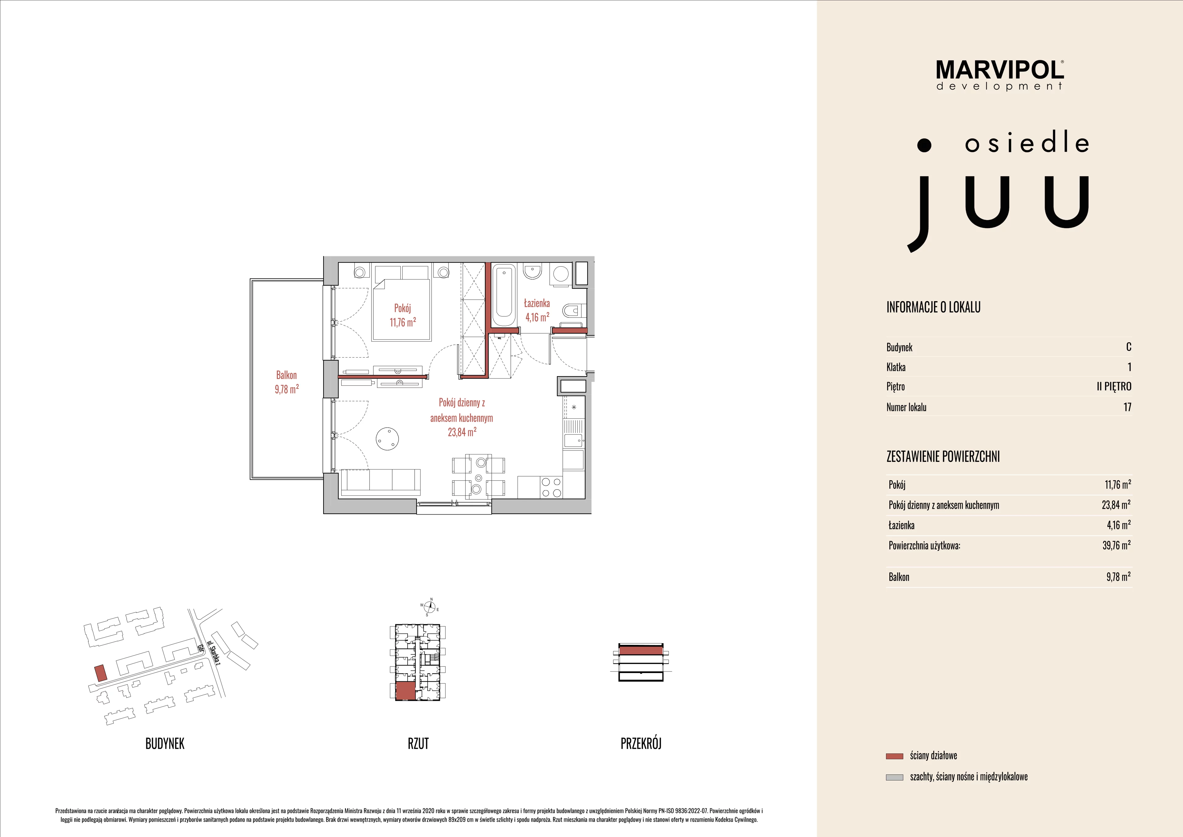 2 pokoje, mieszkanie 39,80 m², piętro 2, oferta nr C/M017, Osiedle Juu, Warszawa, Białołęka, Grodzisk, ul. Skarbka z Gór 47