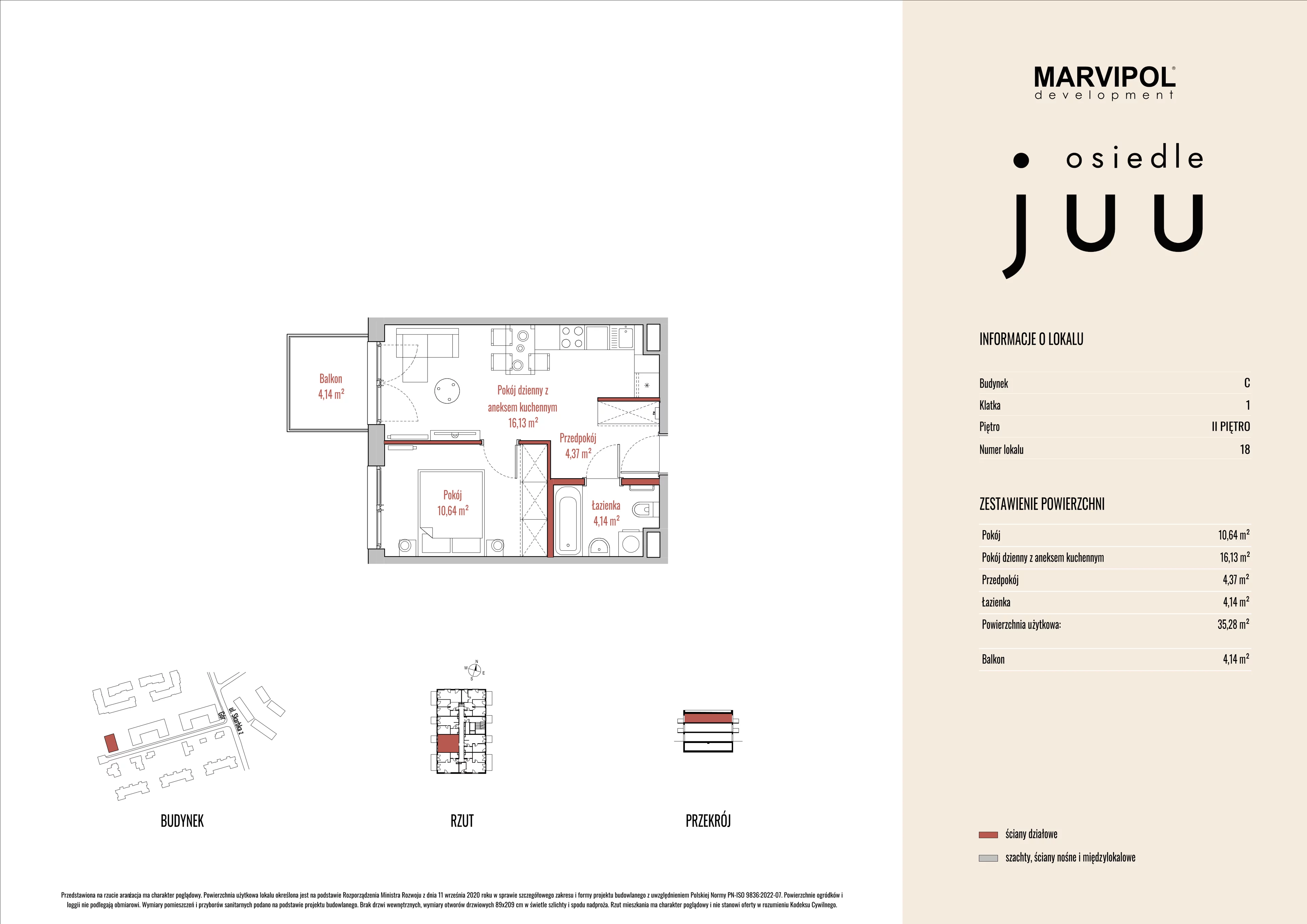 2 pokoje, mieszkanie 35,31 m², piętro 2, oferta nr C/M018, Osiedle Juu, Warszawa, Białołęka, Grodzisk, ul. Skarbka z Gór 47