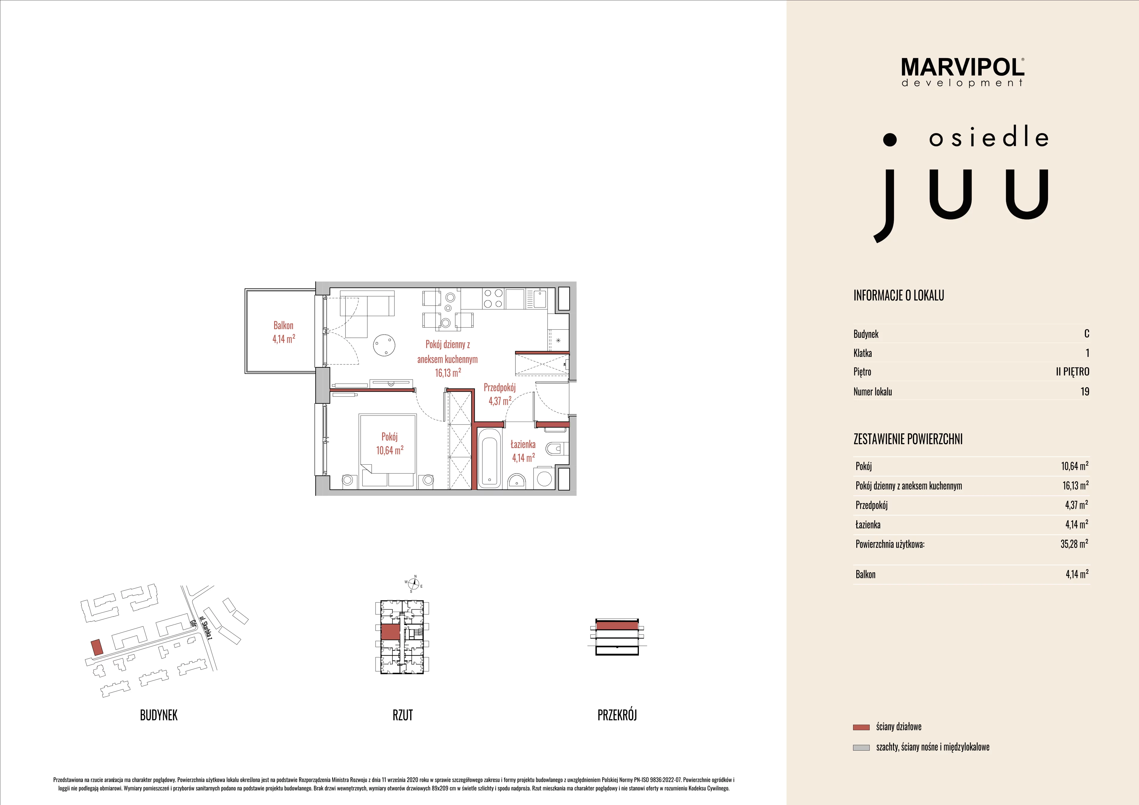 2 pokoje, mieszkanie 35,31 m², piętro 2, oferta nr C/M019, Osiedle Juu, Warszawa, Białołęka, Grodzisk, ul. Skarbka z Gór 47