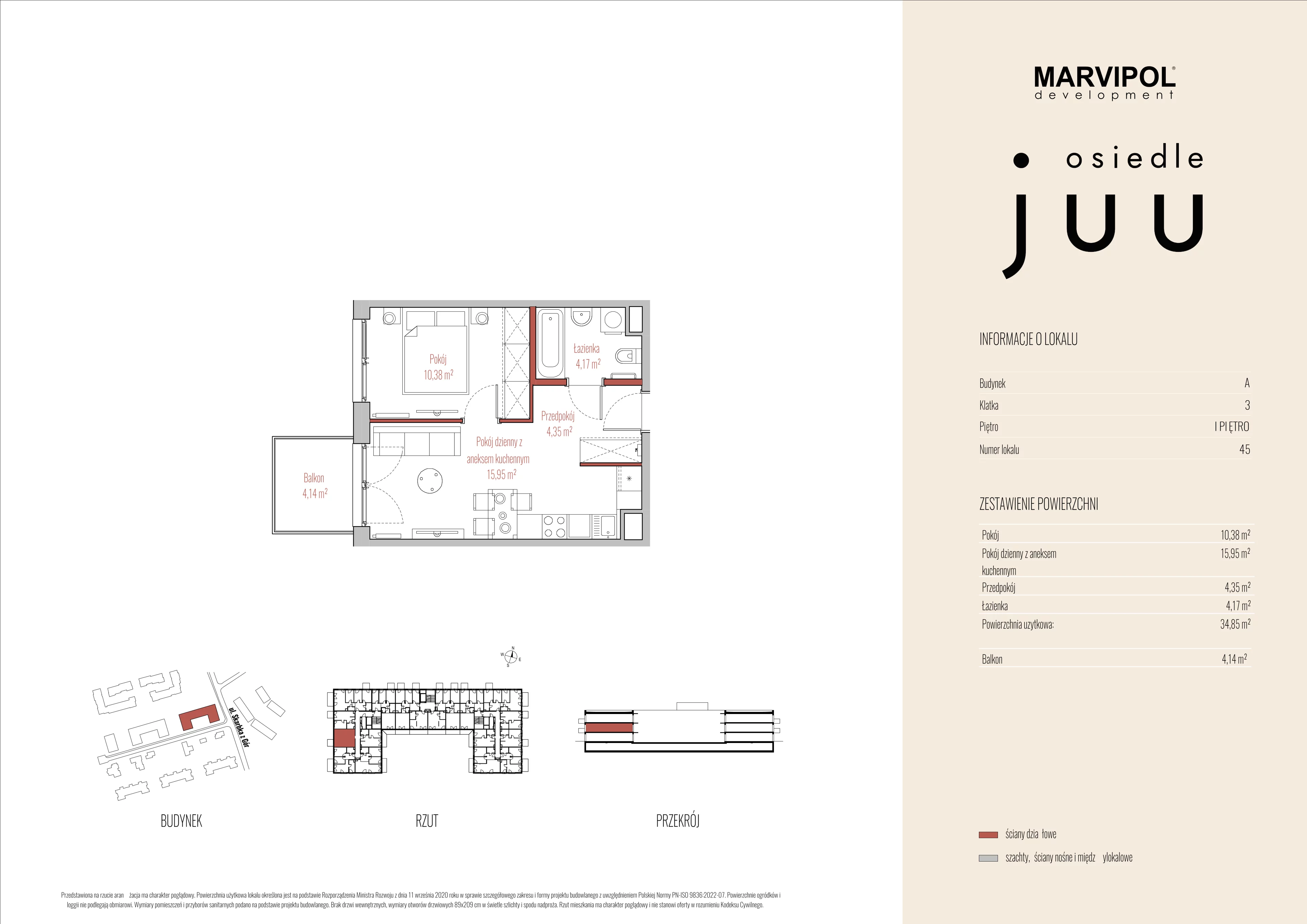 2 pokoje, mieszkanie 34,85 m², piętro 1, oferta nr A/M045, Osiedle Juu, Warszawa, Białołęka, Grodzisk, ul. Skarbka z Gór 47