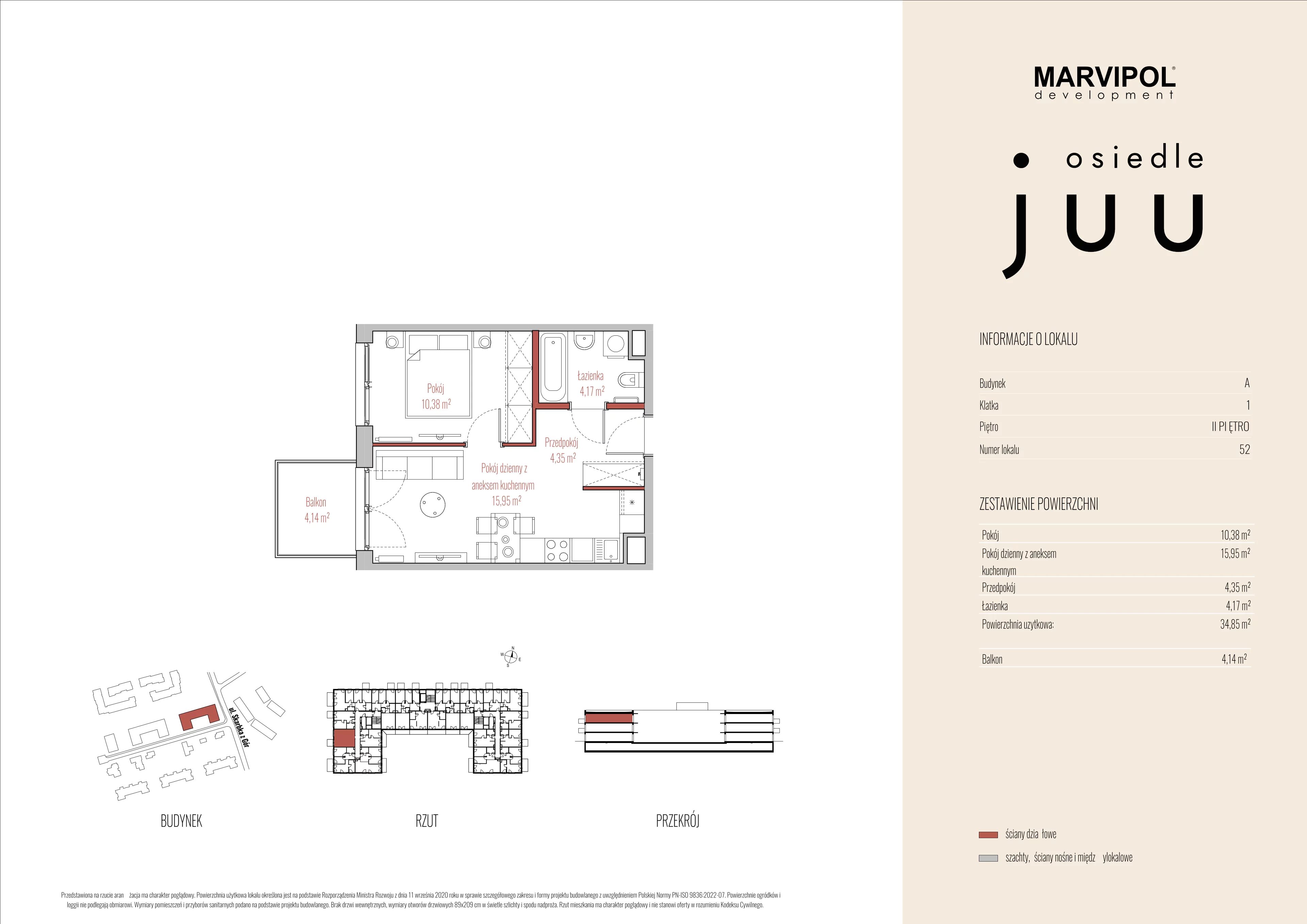 2 pokoje, mieszkanie 34,85 m², piętro 2, oferta nr A/M052, Osiedle Juu, Warszawa, Białołęka, Grodzisk, ul. Skarbka z Gór 47