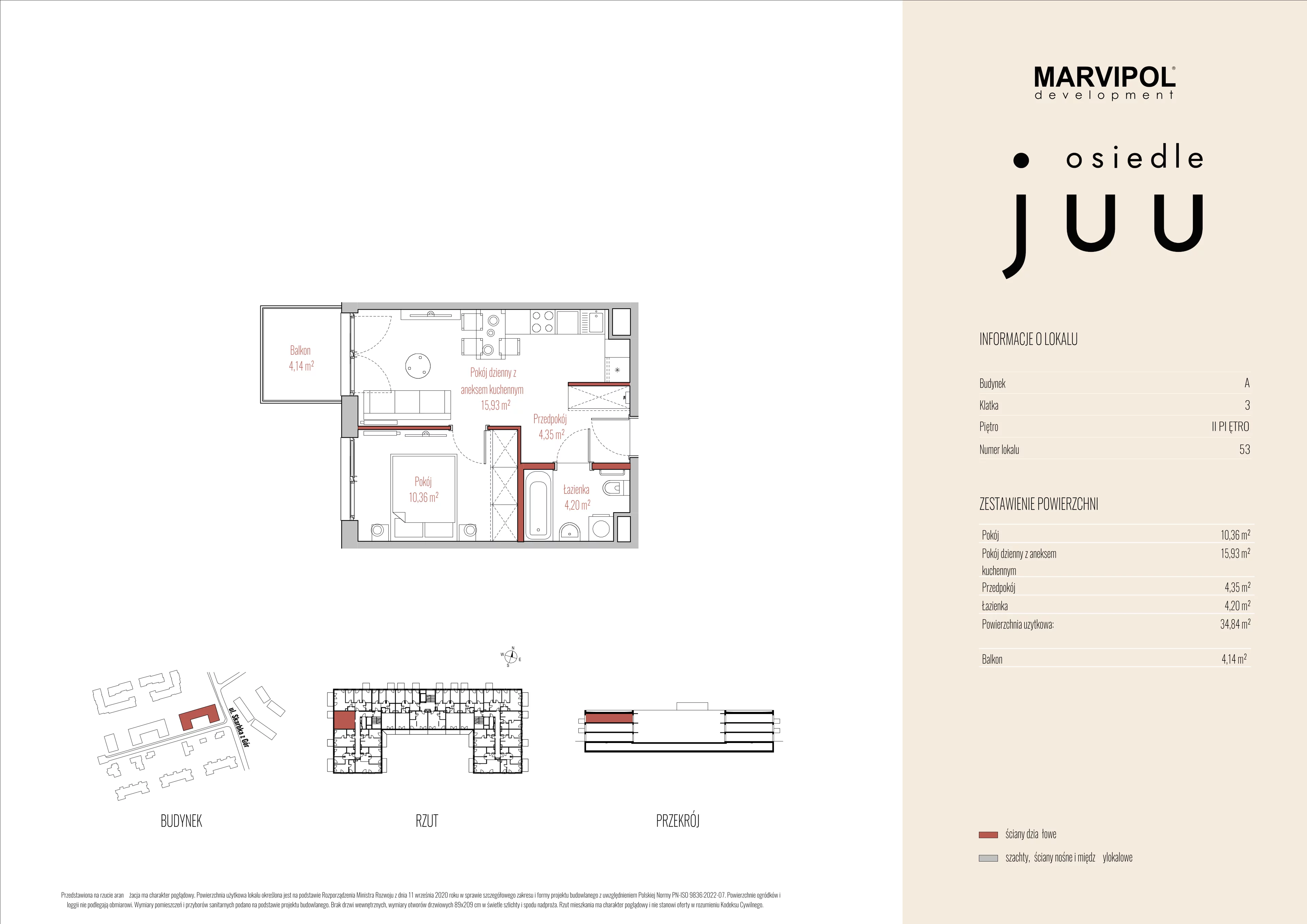 2 pokoje, mieszkanie 34,84 m², piętro 2, oferta nr A/M053, Osiedle Juu, Warszawa, Białołęka, Grodzisk, ul. Skarbka z Gór 47