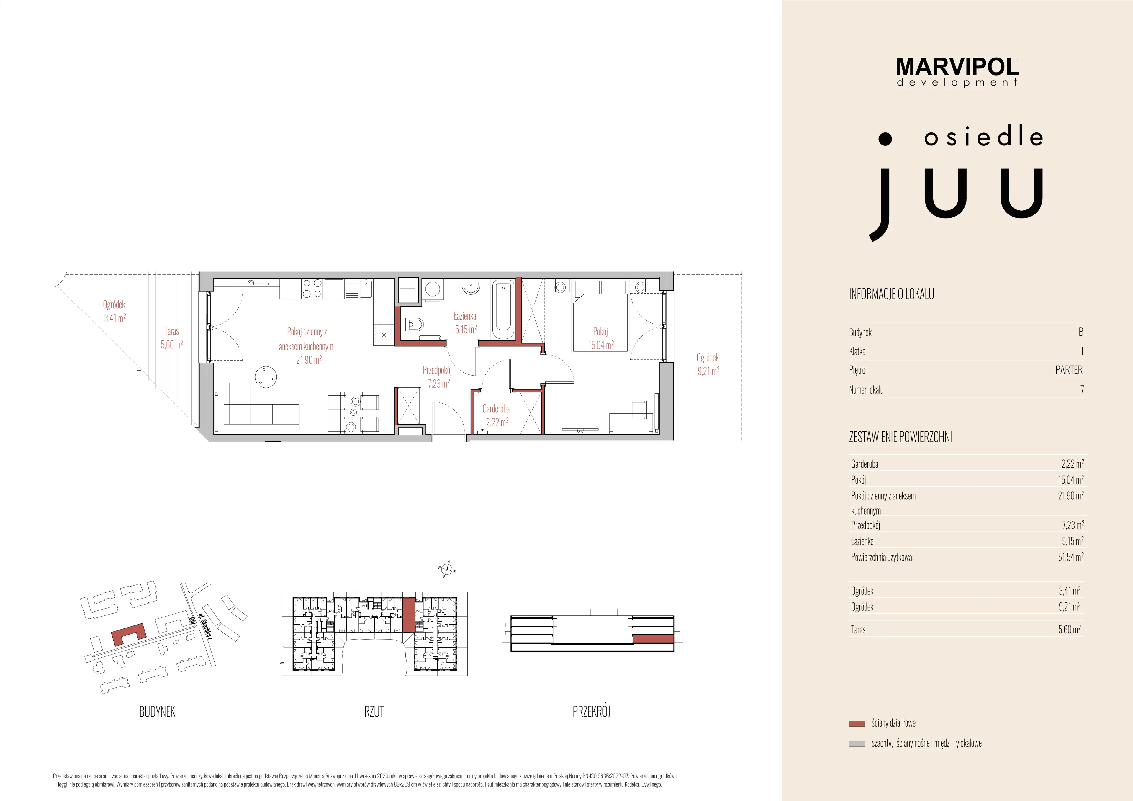2 pokoje, mieszkanie 51,54 m², parter, oferta nr B/M007, Osiedle Juu, Warszawa, Białołęka, Grodzisk, ul. Skarbka z Gór 47