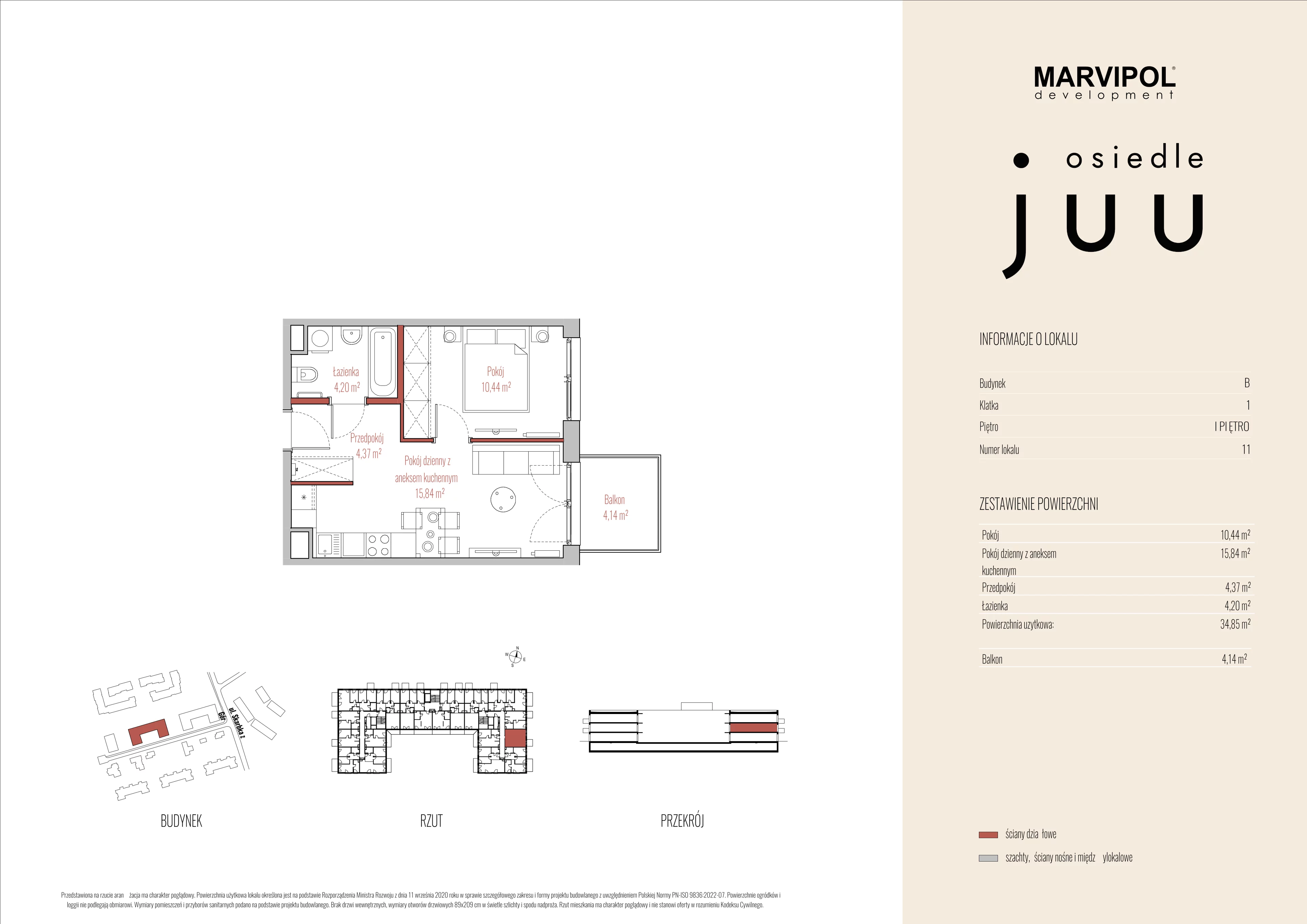 2 pokoje, mieszkanie 34,85 m², piętro 1, oferta nr B/M011, Osiedle Juu, Warszawa, Białołęka, Grodzisk, ul. Skarbka z Gór 47
