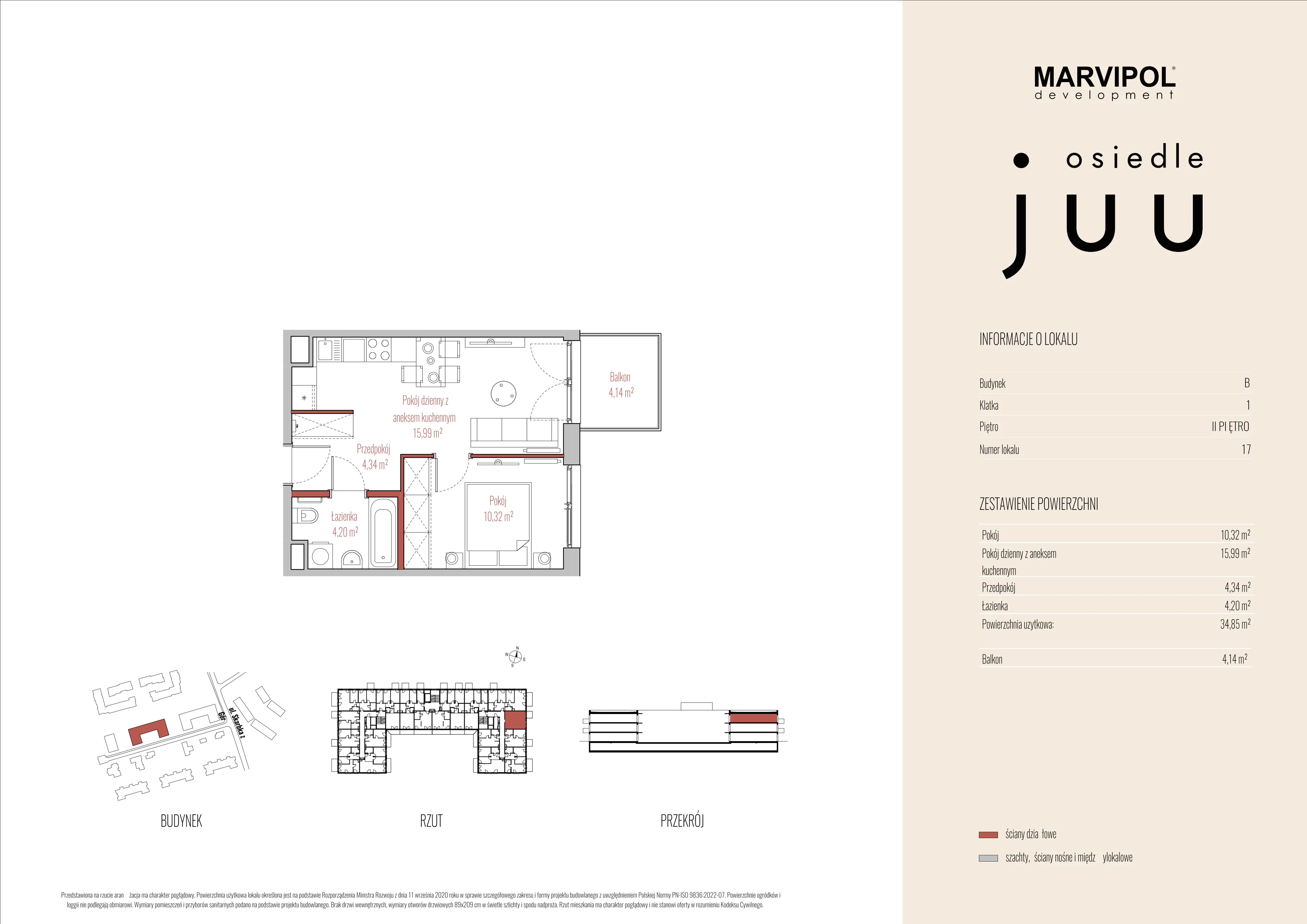 2 pokoje, mieszkanie 34,85 m², piętro 2, oferta nr B/M017, Osiedle Juu, Warszawa, Białołęka, Grodzisk, ul. Skarbka z Gór 47