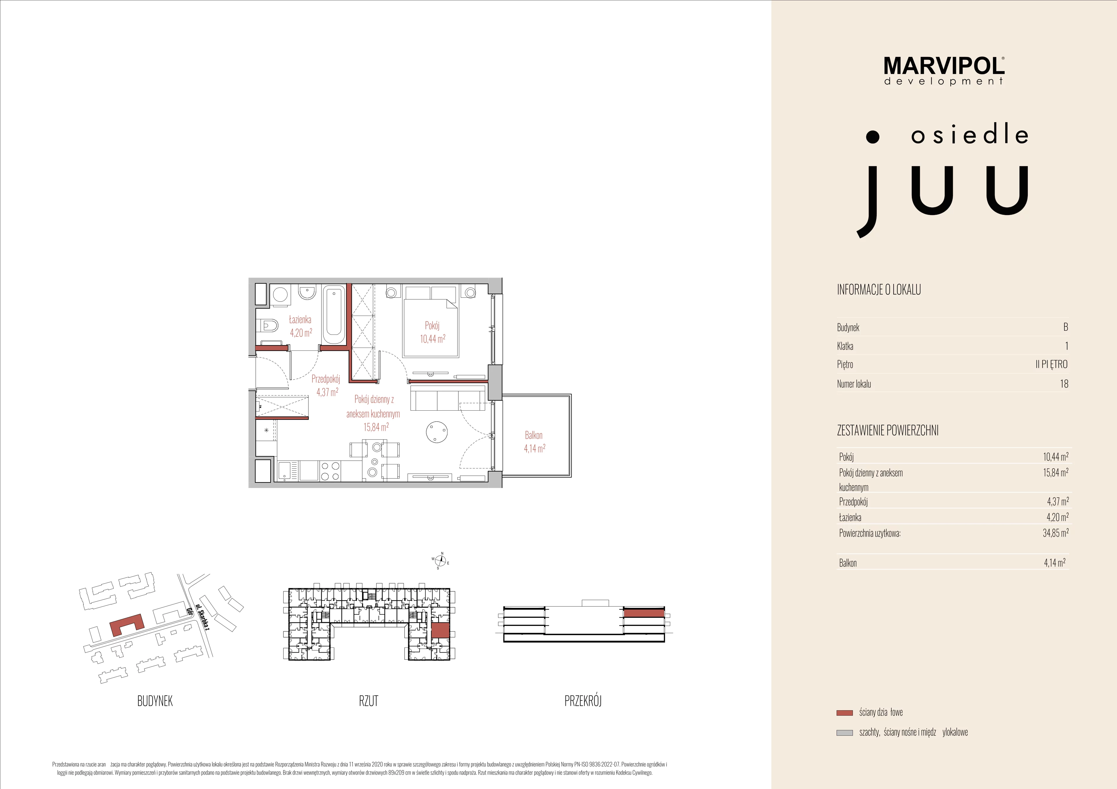 2 pokoje, mieszkanie 34,85 m², piętro 2, oferta nr B/M018, Osiedle Juu, Warszawa, Białołęka, Grodzisk, ul. Skarbka z Gór 47
