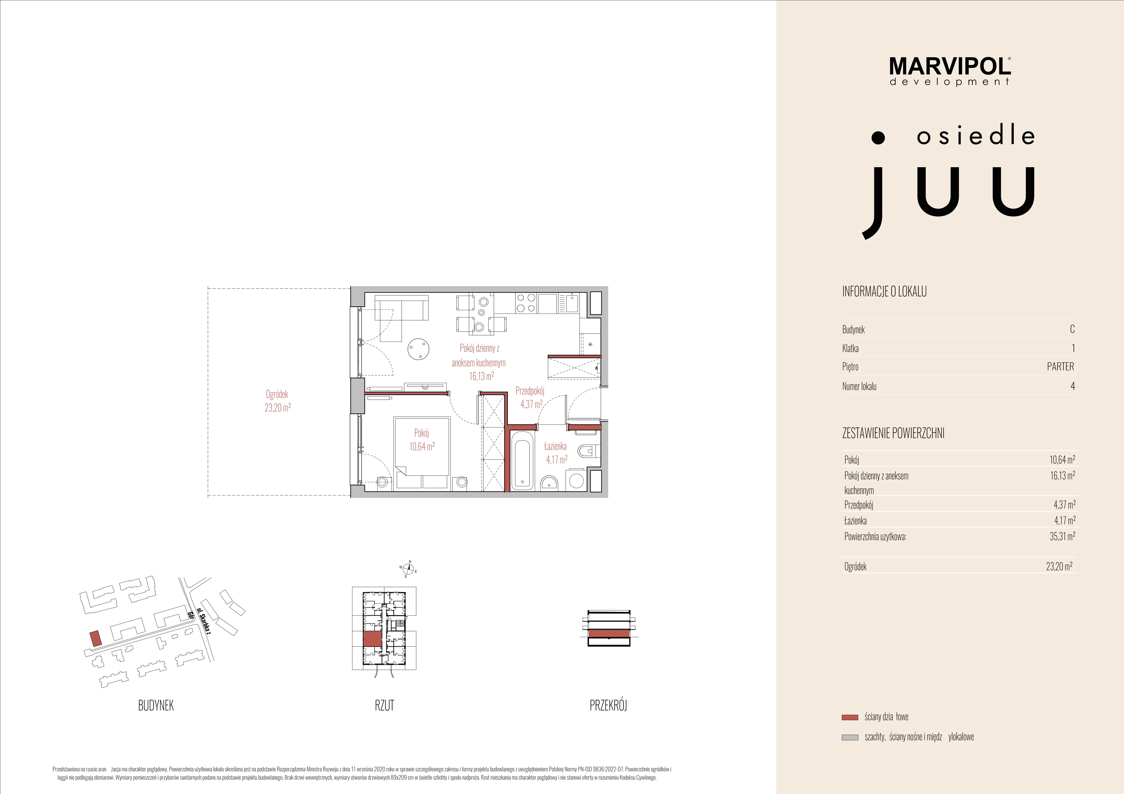 2 pokoje, mieszkanie 35,31 m², parter, oferta nr C/M004, Osiedle Juu, Warszawa, Białołęka, Grodzisk, ul. Skarbka z Gór 47