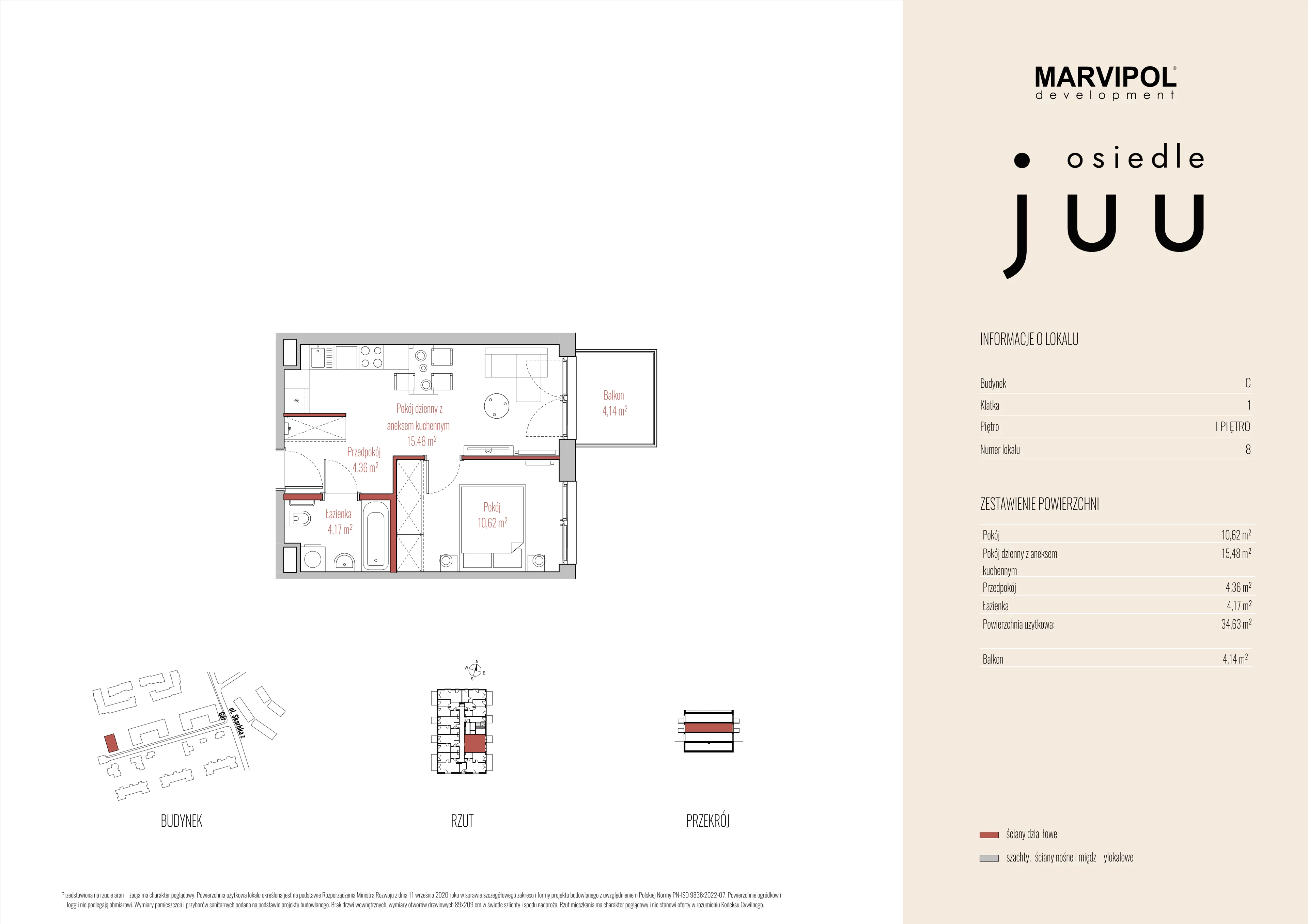 2 pokoje, mieszkanie 34,63 m², piętro 1, oferta nr C/M008, Osiedle Juu, Warszawa, Białołęka, Grodzisk, ul. Skarbka z Gór 47