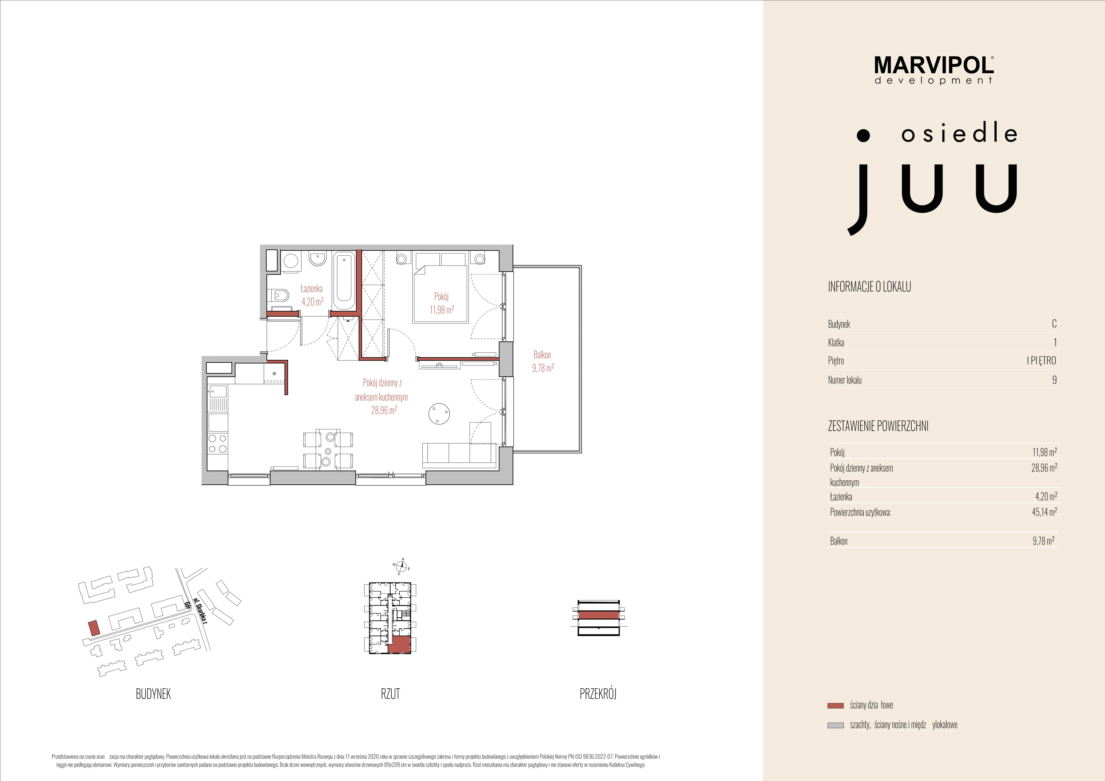 2 pokoje, mieszkanie 45,14 m², piętro 1, oferta nr C/M009, Osiedle Juu, Warszawa, Białołęka, Grodzisk, ul. Skarbka z Gór 47