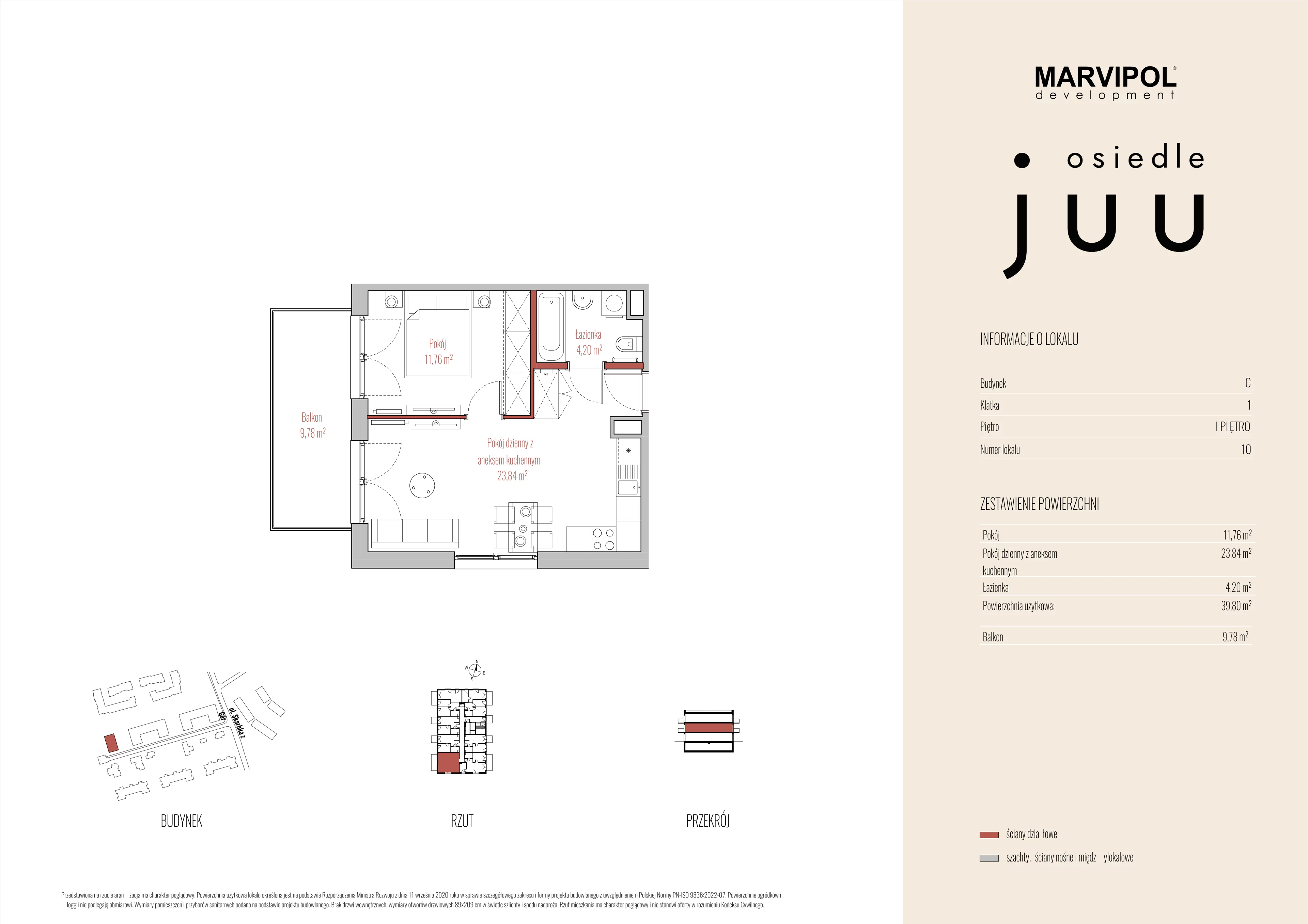 2 pokoje, mieszkanie 39,80 m², piętro 1, oferta nr C/M010, Osiedle Juu, Warszawa, Białołęka, Grodzisk, ul. Skarbka z Gór 47