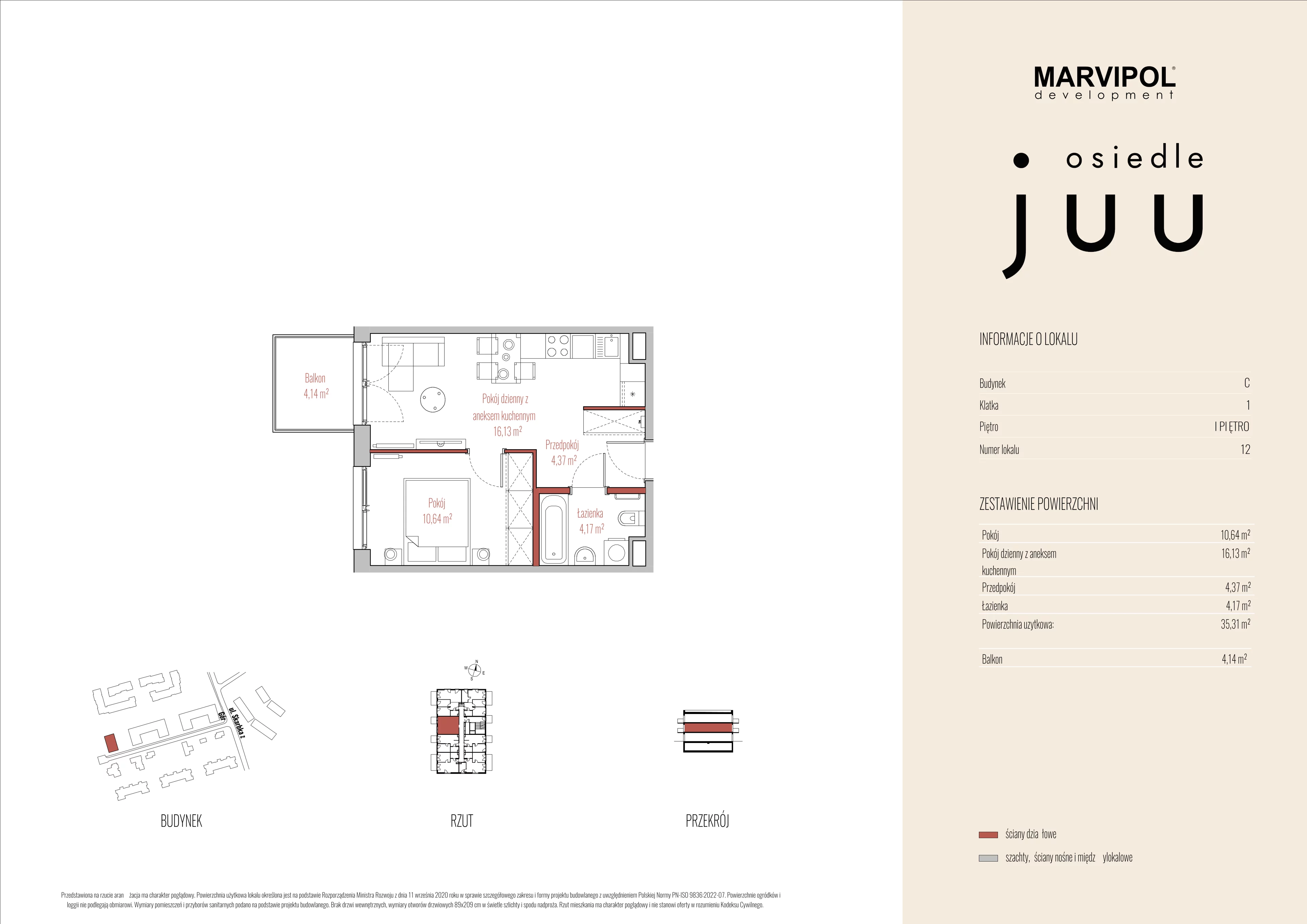 2 pokoje, mieszkanie 35,31 m², piętro 1, oferta nr C/M012, Osiedle Juu, Warszawa, Białołęka, Grodzisk, ul. Skarbka z Gór 47