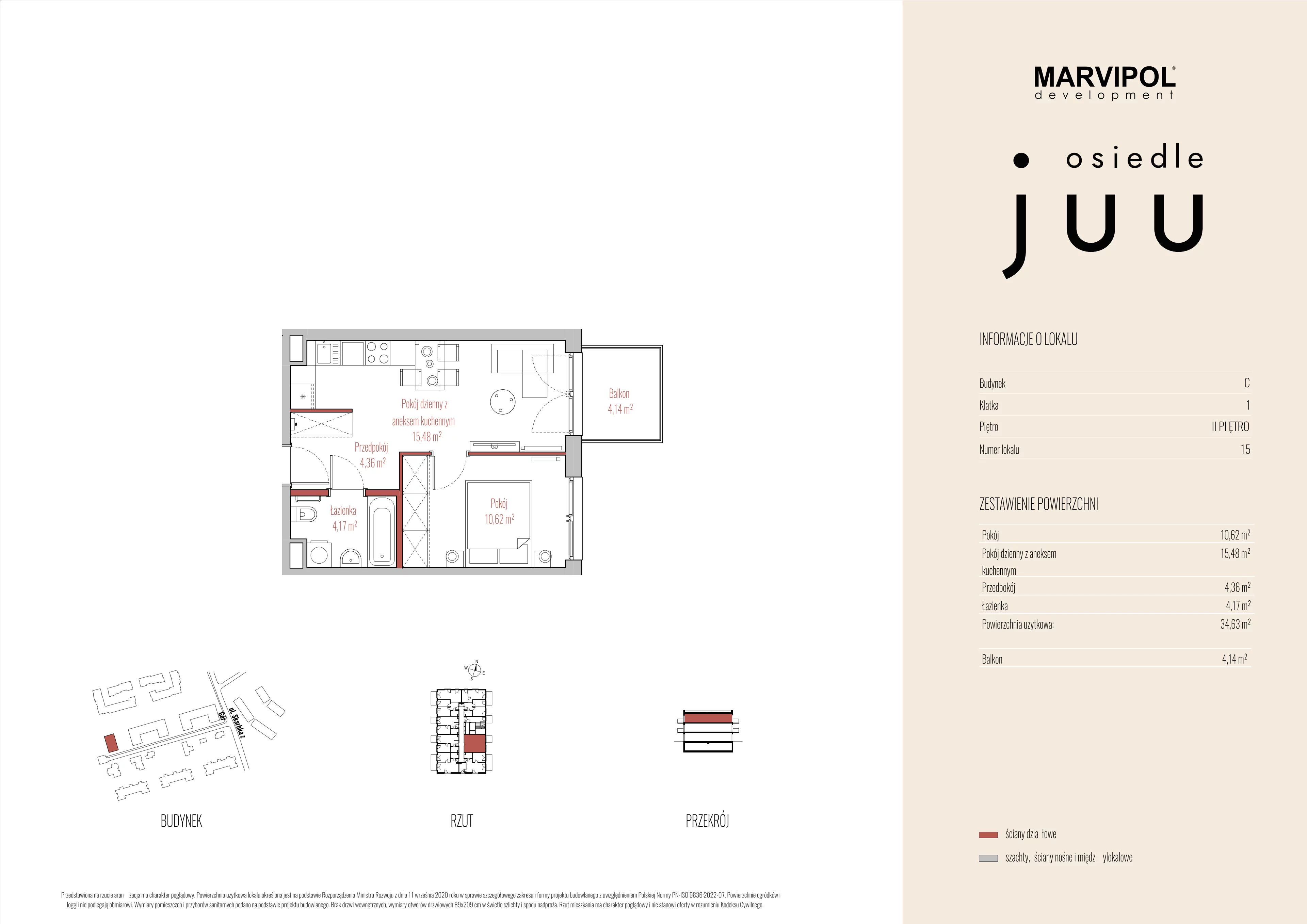 2 pokoje, mieszkanie 34,63 m², piętro 2, oferta nr C/M015, Osiedle Juu, Warszawa, Białołęka, Grodzisk, ul. Skarbka z Gór 47