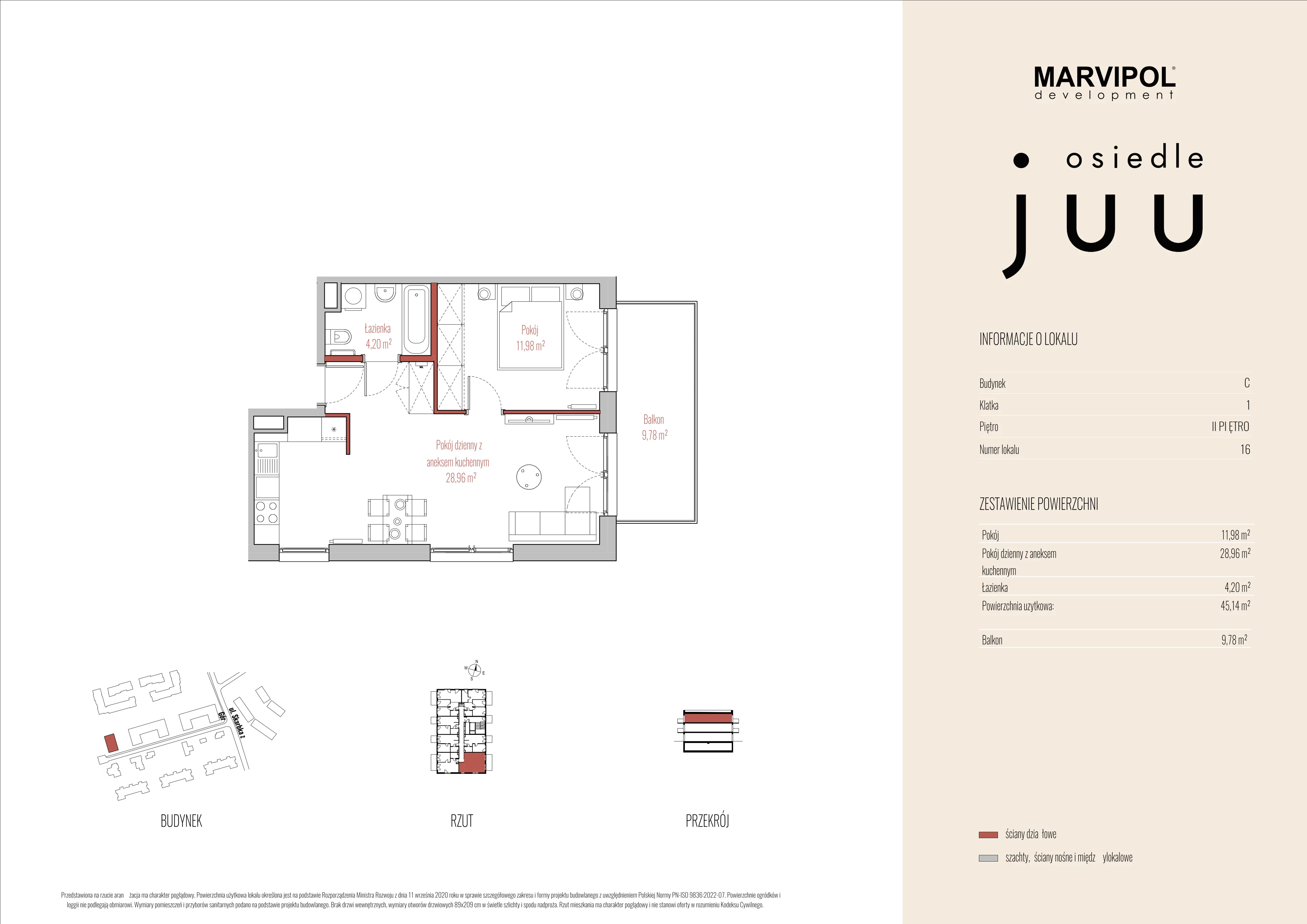 2 pokoje, mieszkanie 45,14 m², piętro 2, oferta nr C/M016, Osiedle Juu, Warszawa, Białołęka, Grodzisk, ul. Skarbka z Gór 47