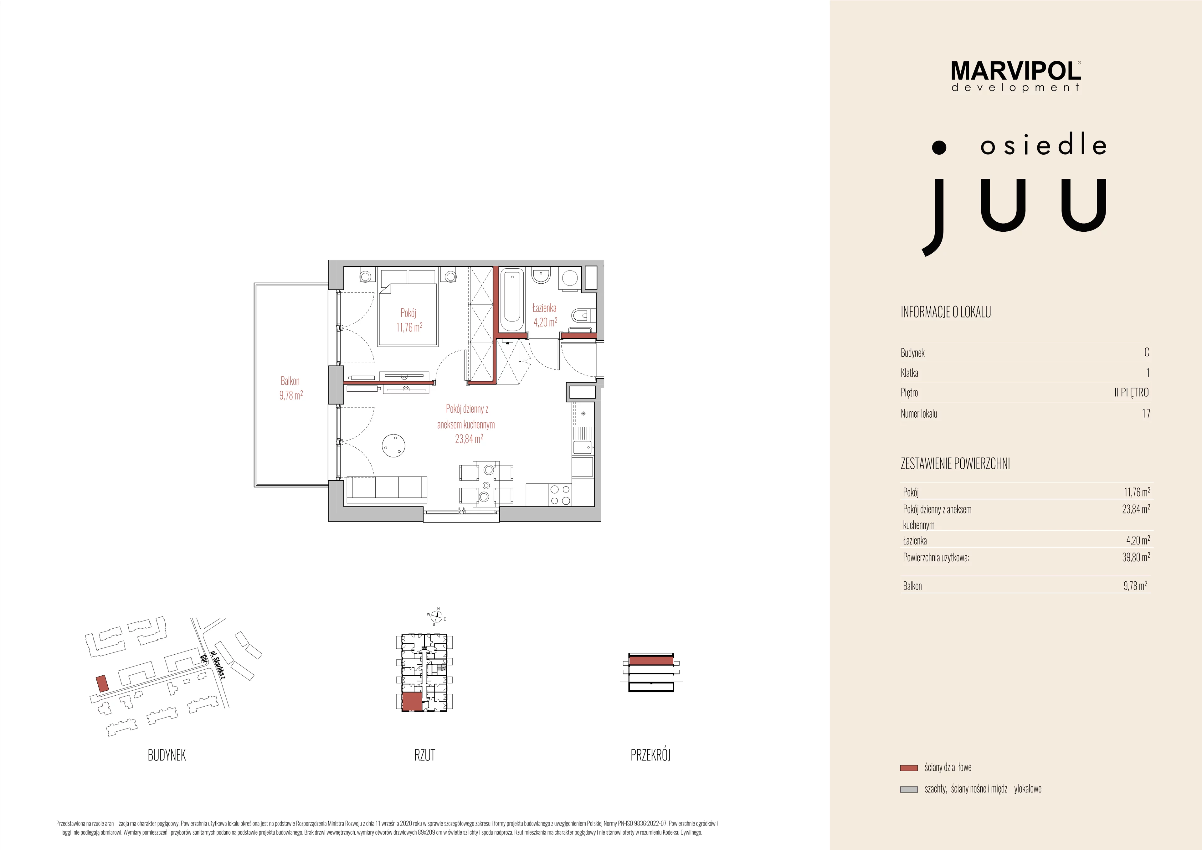 2 pokoje, mieszkanie 39,80 m², piętro 2, oferta nr C/M017, Osiedle Juu, Warszawa, Białołęka, Grodzisk, ul. Skarbka z Gór 47