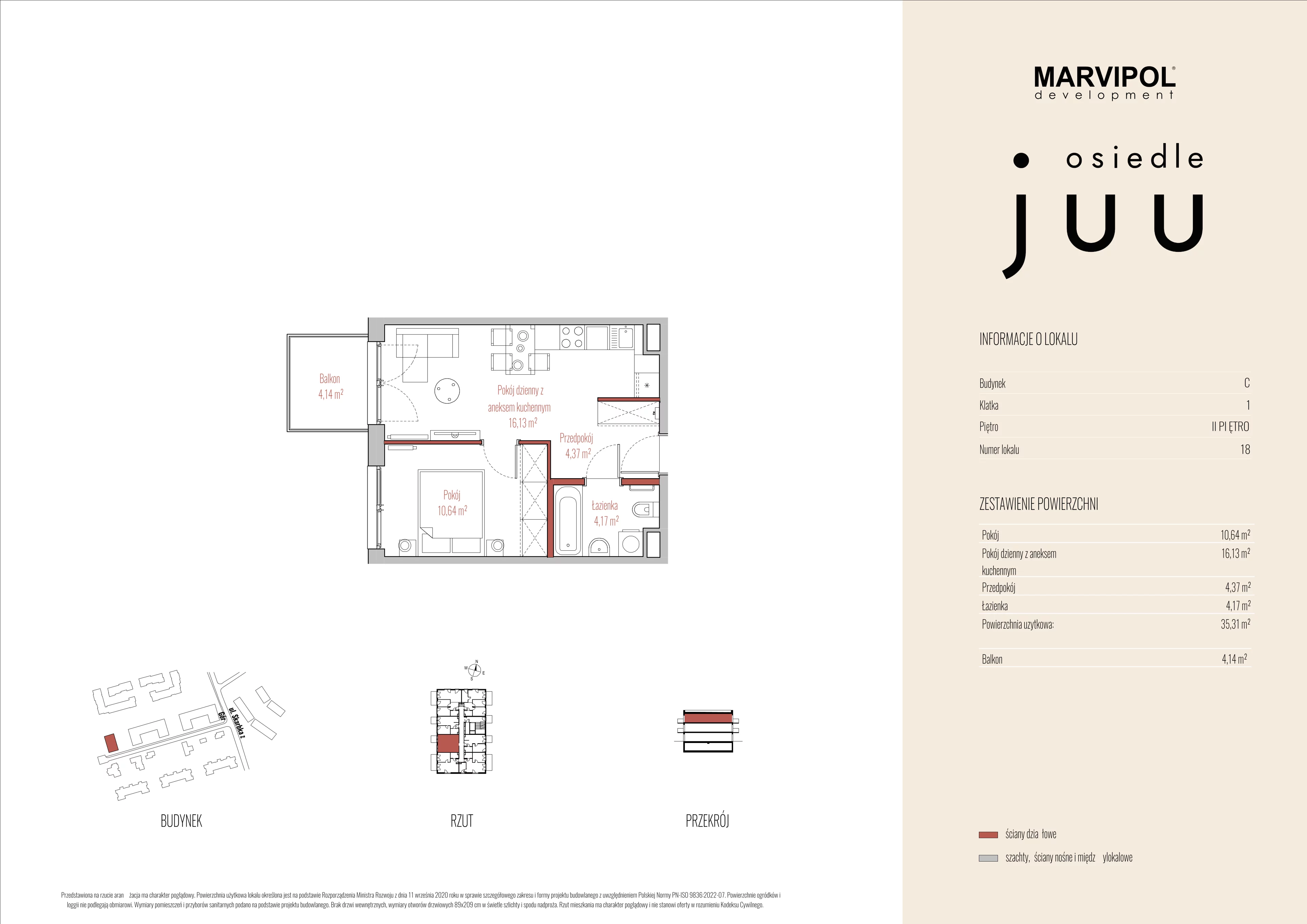 2 pokoje, mieszkanie 35,31 m², piętro 2, oferta nr C/M018, Osiedle Juu, Warszawa, Białołęka, Grodzisk, ul. Skarbka z Gór 47