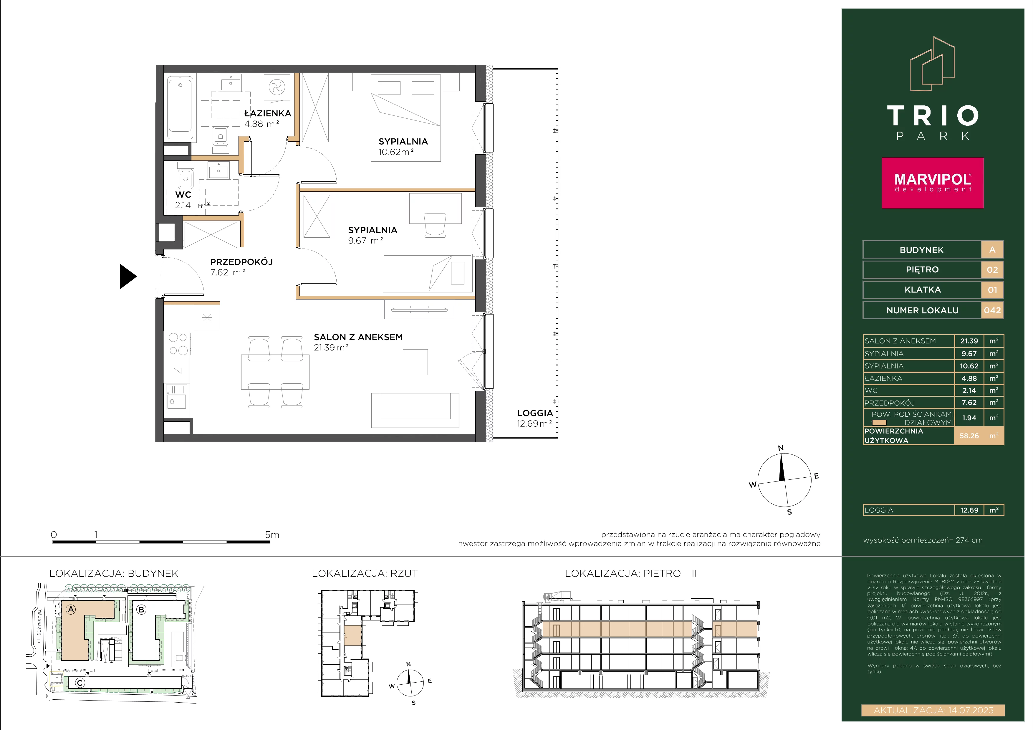 3 pokoje, apartament 58,26 m², piętro 2, oferta nr A/A042, Trio Park, Wrocław, Klecina, Krzyki, ul. Dożynkowa