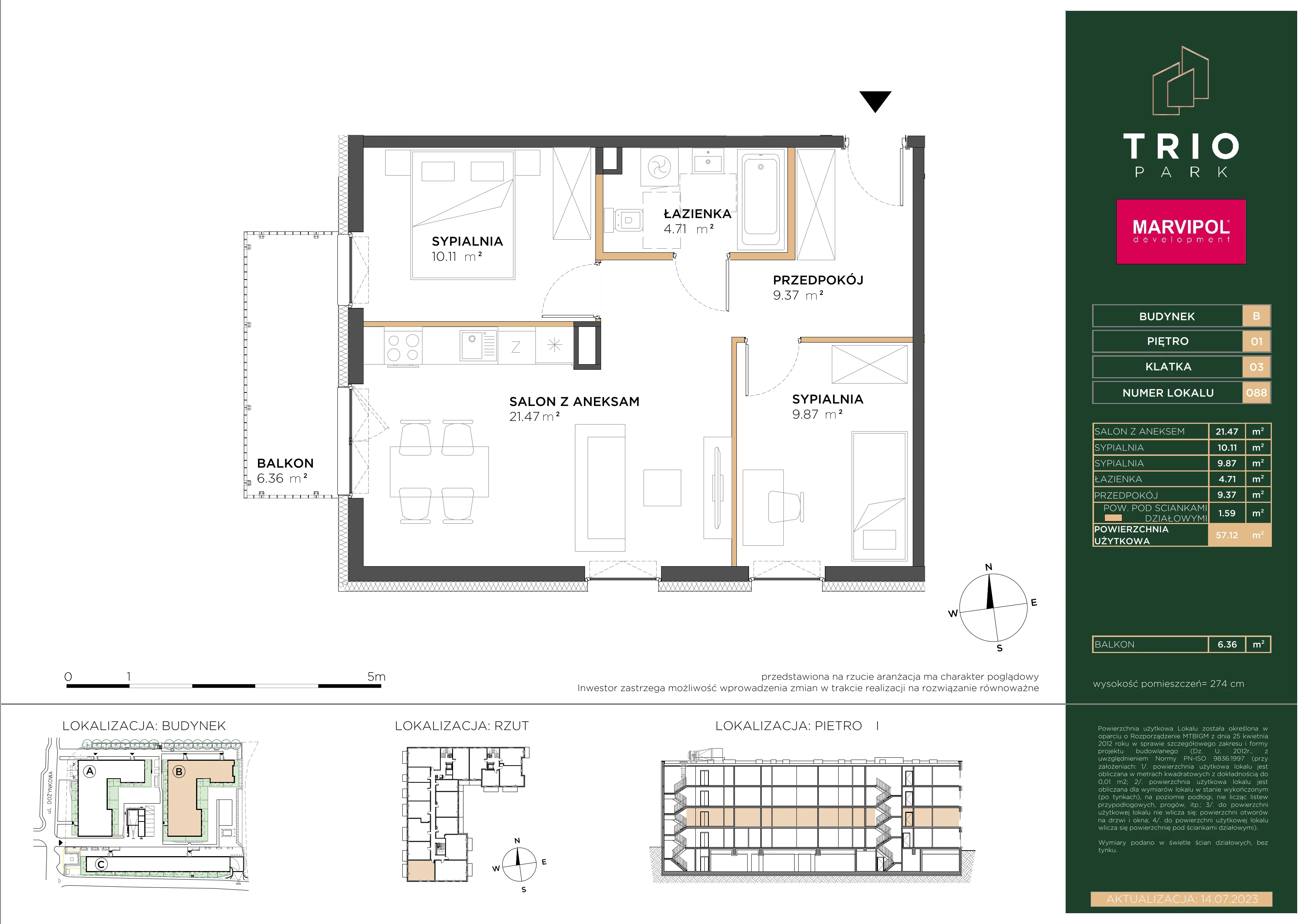 3 pokoje, apartament 57,12 m², piętro 1, oferta nr B/B088, Trio Park, Wrocław, Klecina, Krzyki, ul. Dożynkowa