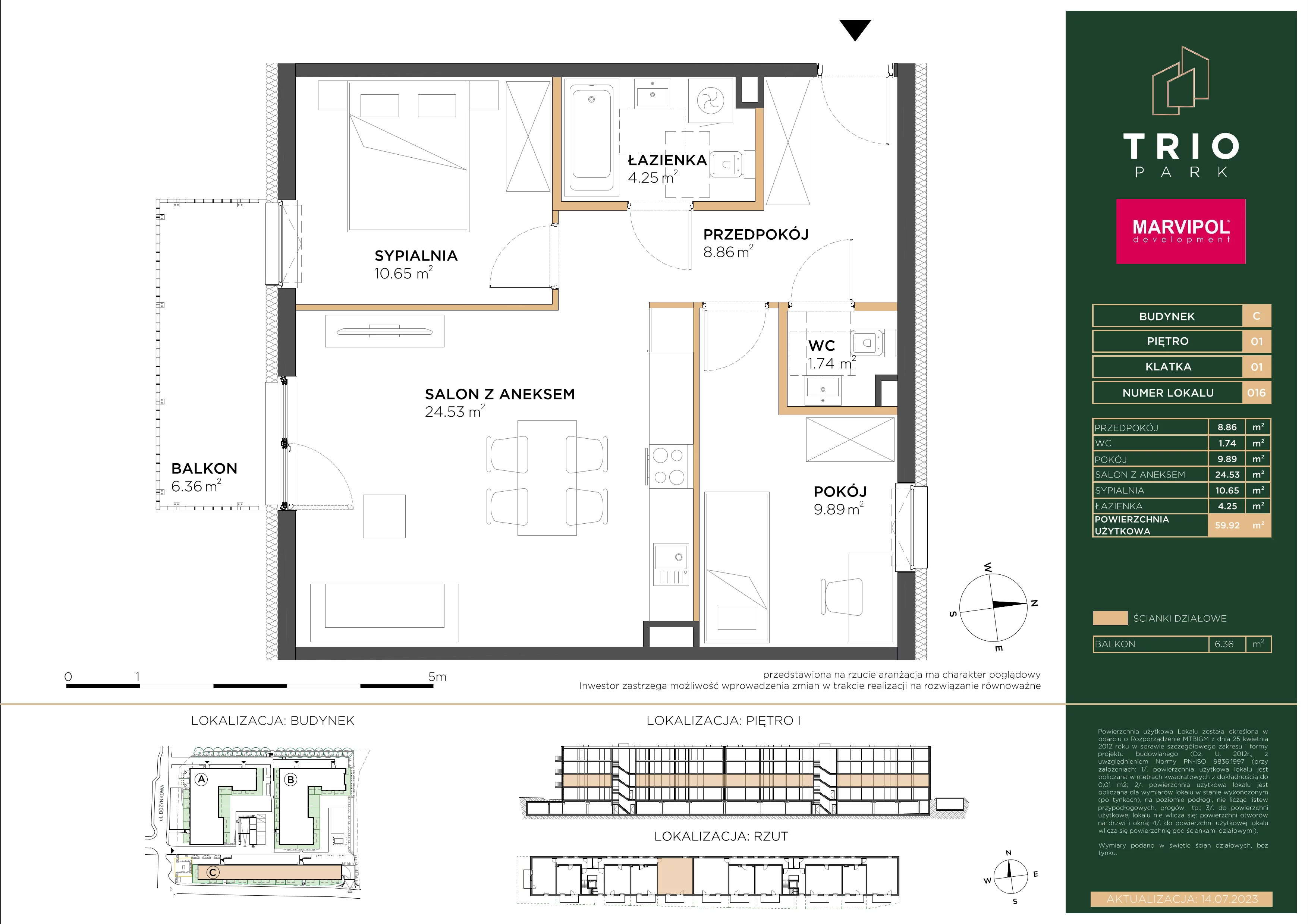 3 pokoje, mieszkanie 59,92 m², piętro 1, oferta nr C/C016, Trio Park, Wrocław, Klecina, Krzyki, ul. Dożynkowa