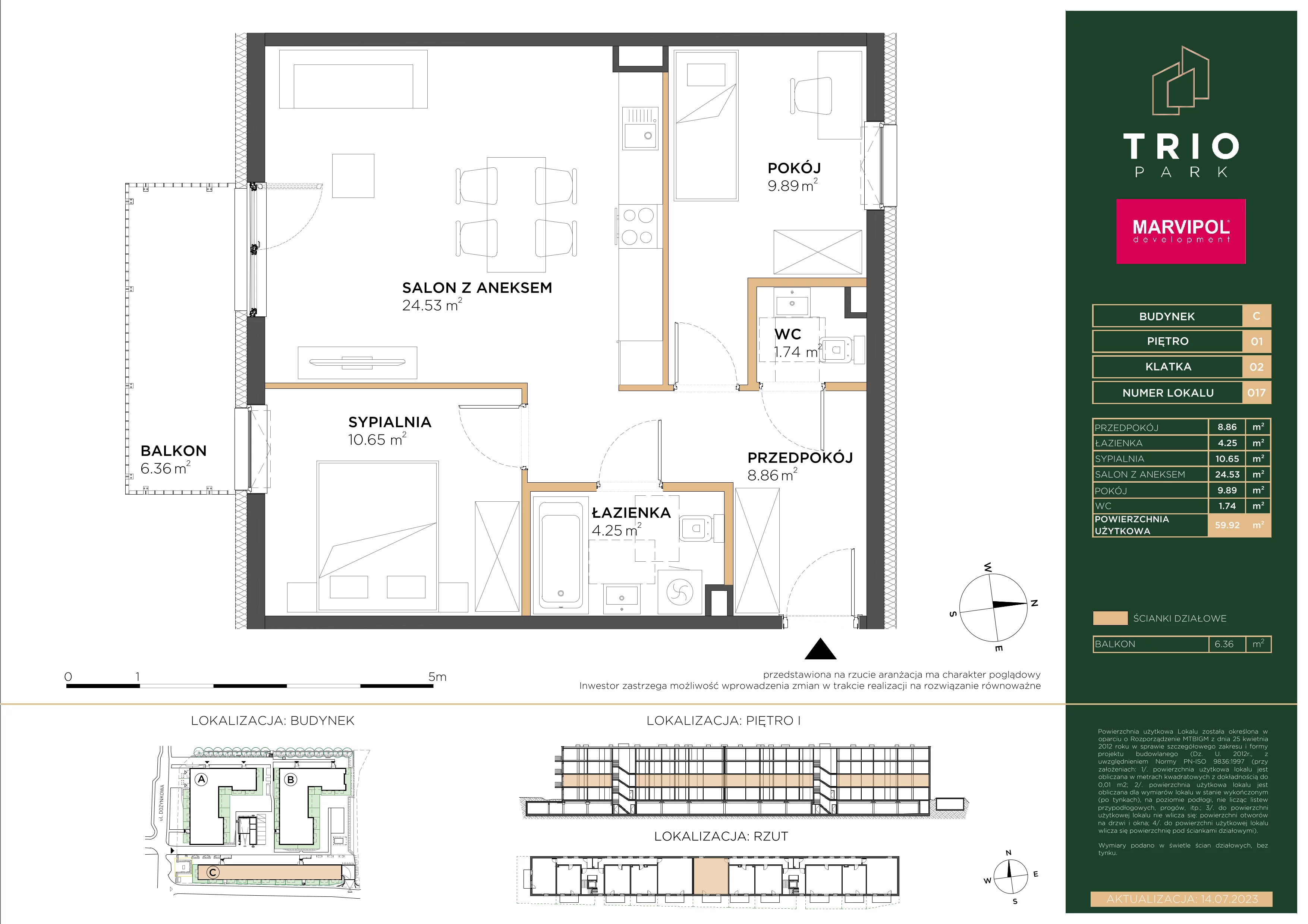 3 pokoje, mieszkanie 59,92 m², piętro 1, oferta nr C/C017, Trio Park, Wrocław, Klecina, Krzyki, ul. Dożynkowa