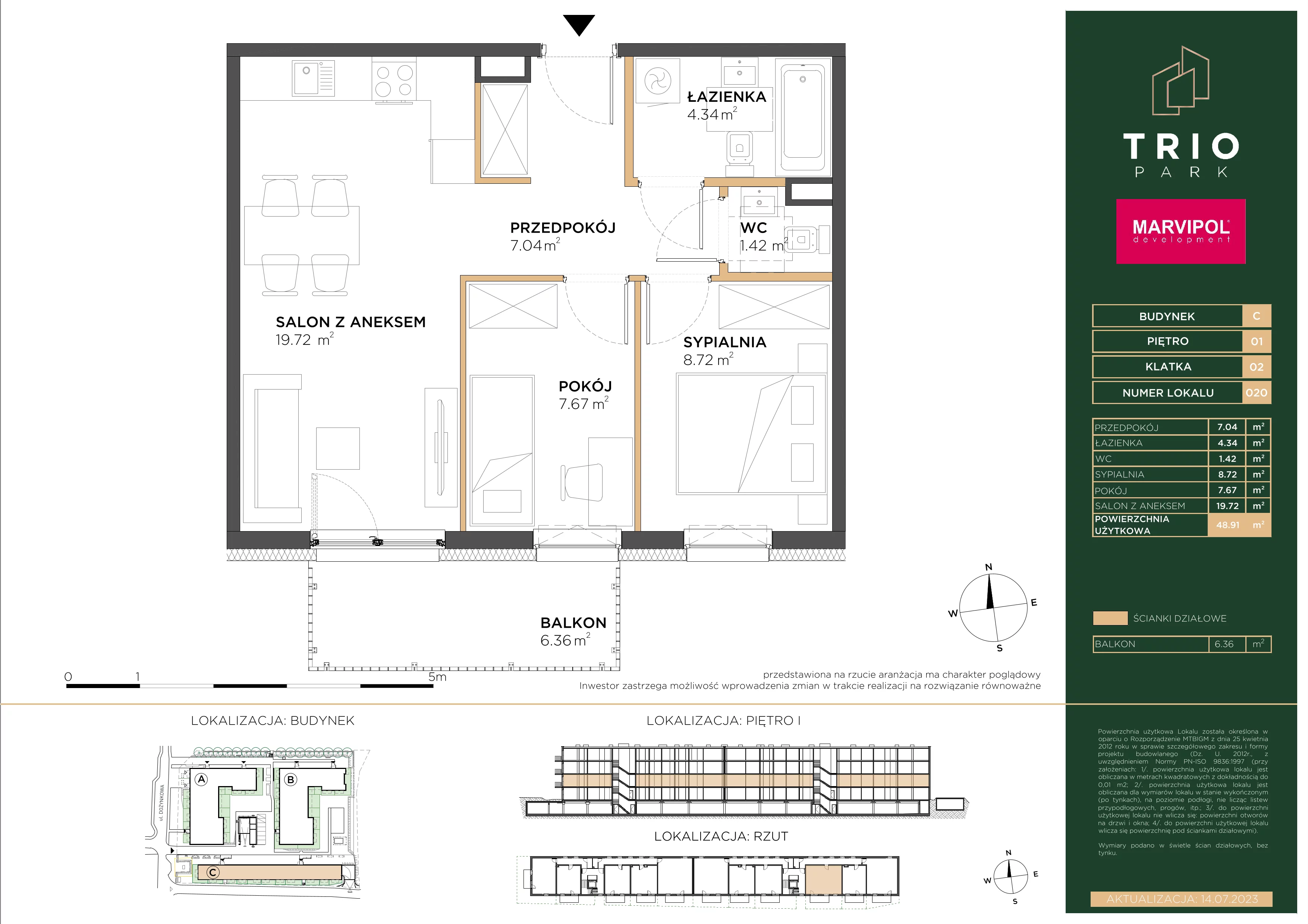 3 pokoje, apartament 48,91 m², piętro 1, oferta nr C/C020, Trio Park, Wrocław, Klecina, Krzyki, ul. Dożynkowa