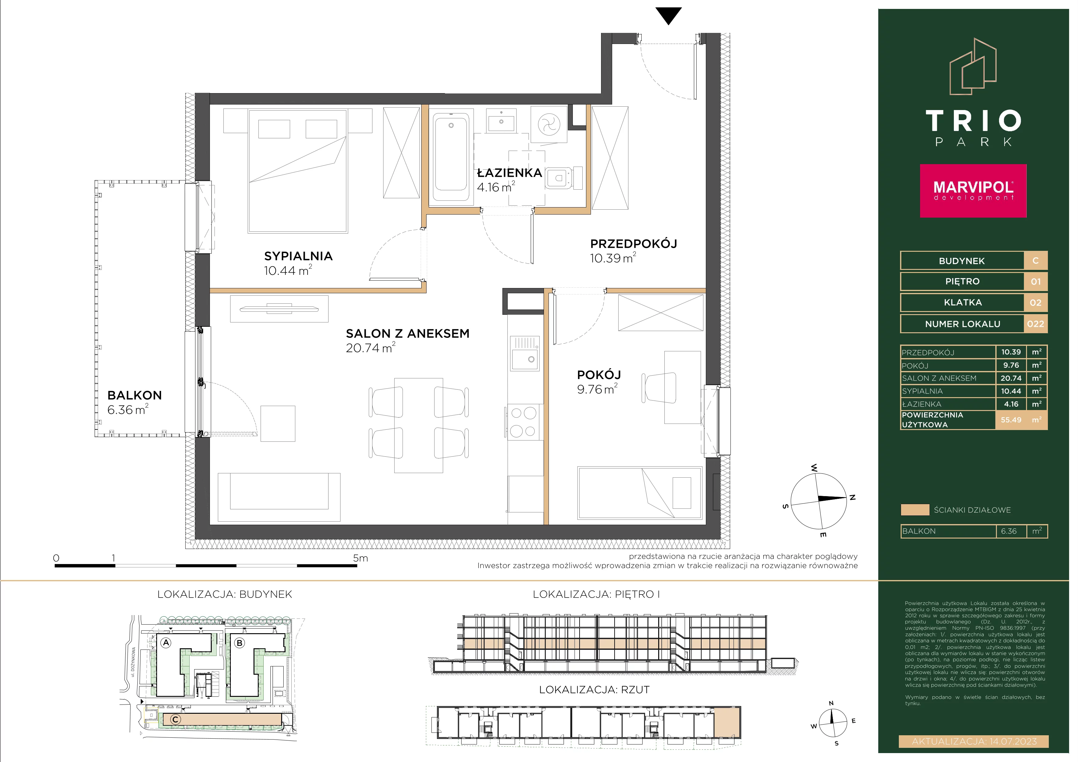 3 pokoje, apartament 55,49 m², piętro 1, oferta nr C/C022, Trio Park, Wrocław, Klecina, Krzyki, ul. Dożynkowa