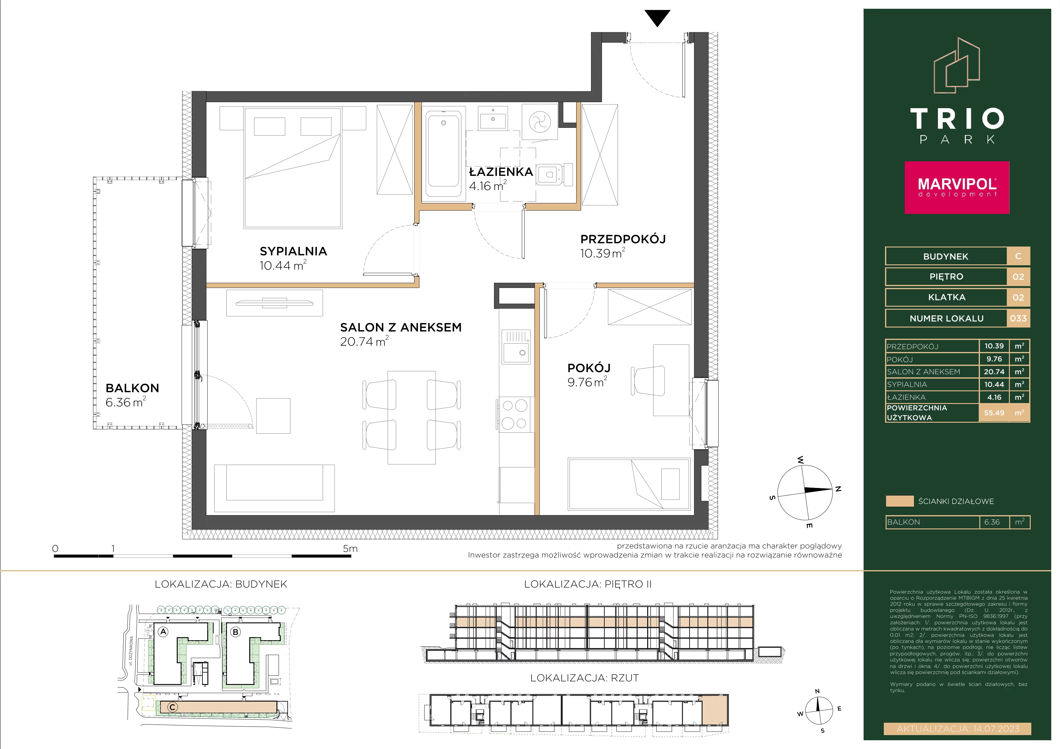 3 pokoje, mieszkanie 55,49 m², piętro 2, oferta nr C/C033, Trio Park, Wrocław, Klecina, Krzyki, ul. Dożynkowa