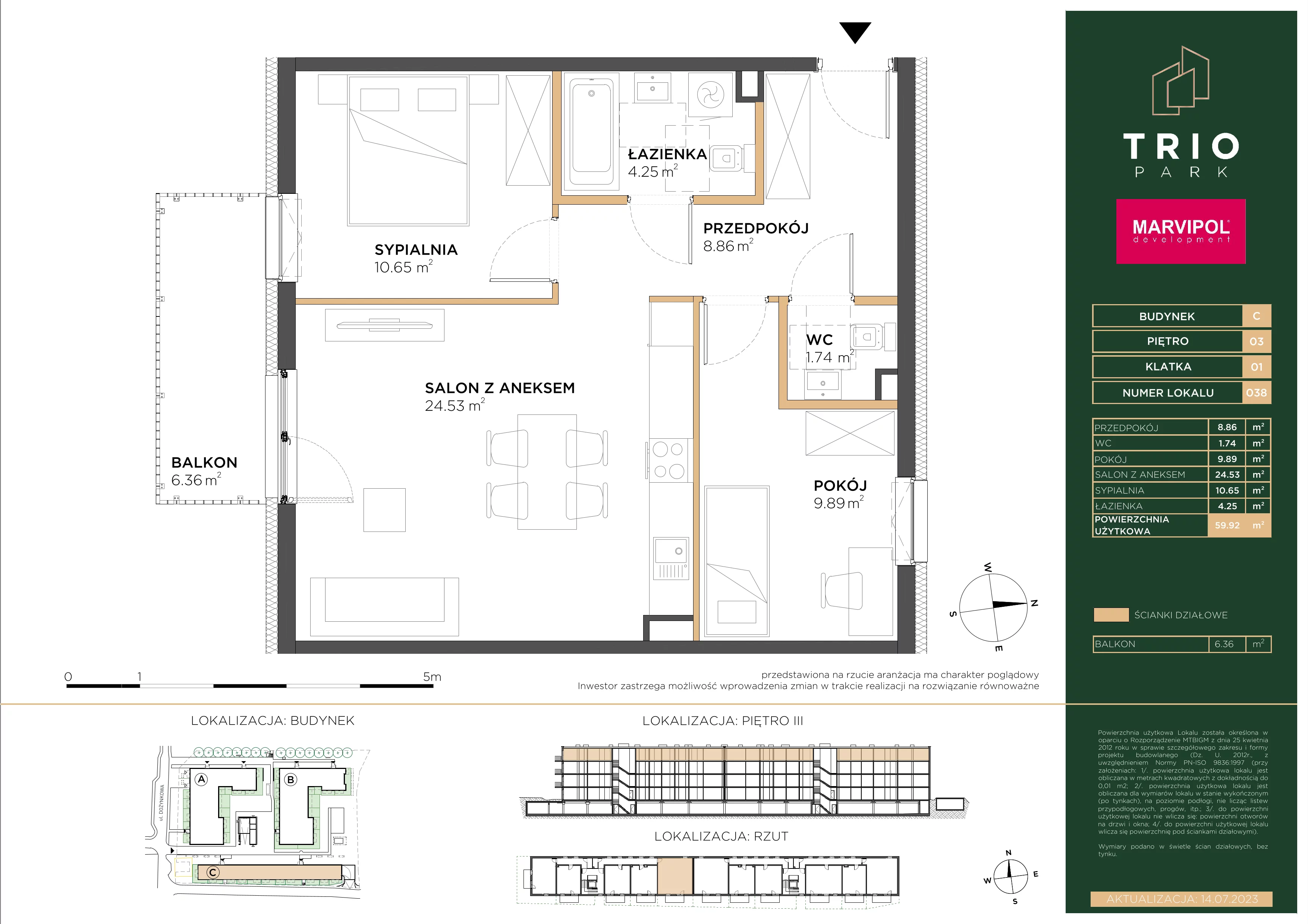 3 pokoje, apartament 59,92 m², piętro 3, oferta nr C/C038, Trio Park, Wrocław, Klecina, Krzyki, ul. Dożynkowa