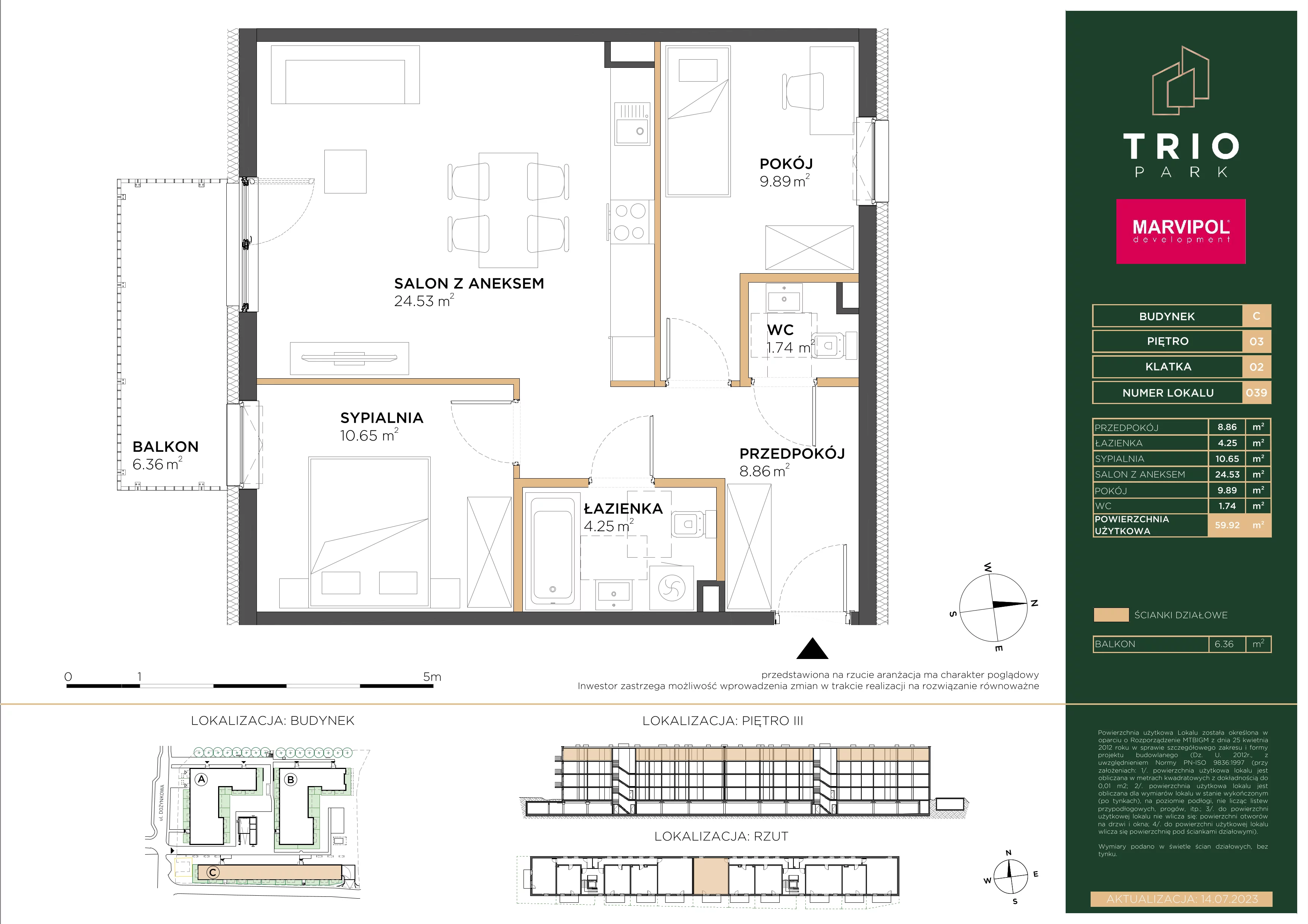 3 pokoje, apartament 59,92 m², piętro 3, oferta nr C/C039, Trio Park, Wrocław, Klecina, Krzyki, ul. Dożynkowa