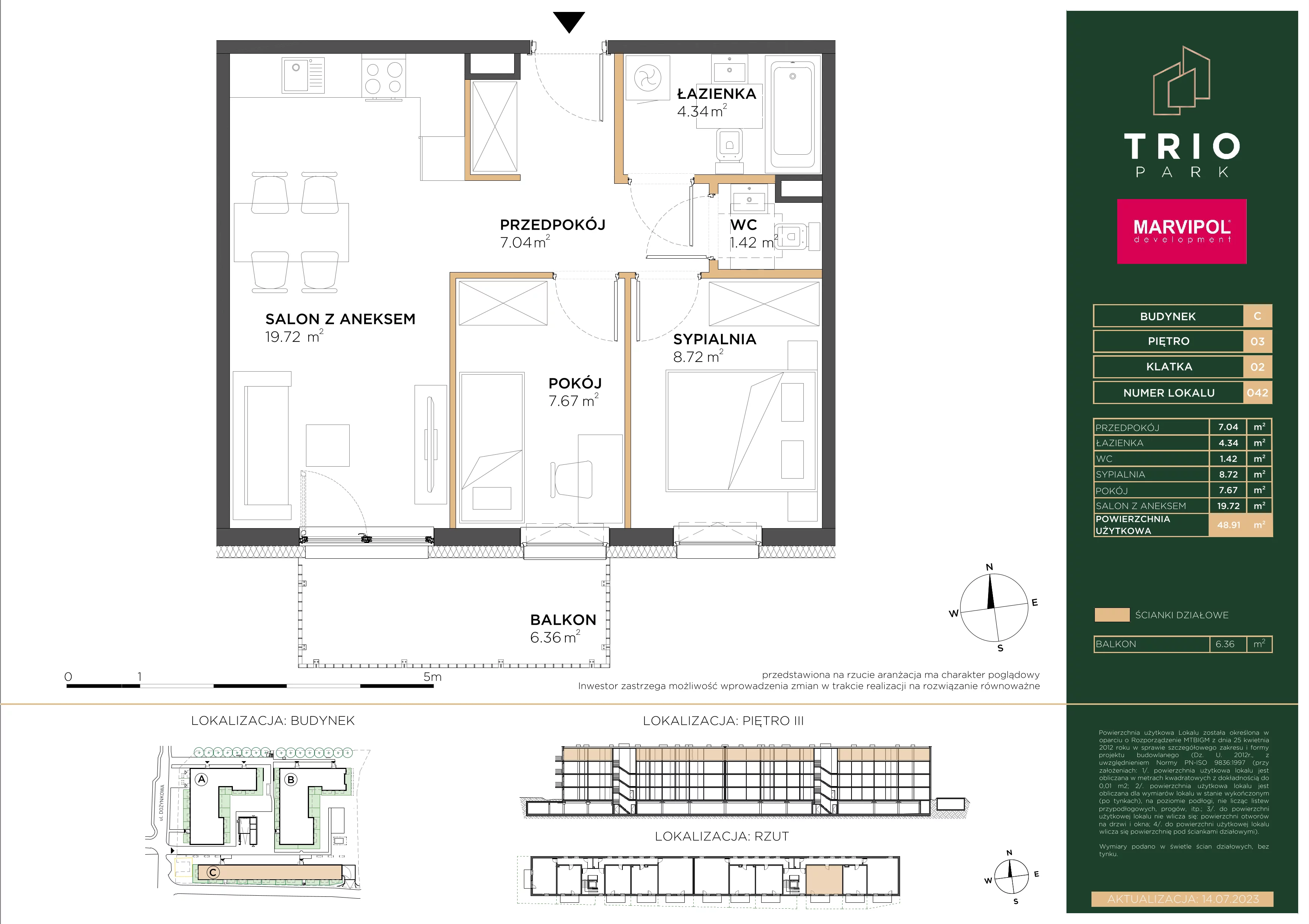 3 pokoje, apartament 48,91 m², piętro 3, oferta nr C/C042, Trio Park, Wrocław, Klecina, Krzyki, ul. Dożynkowa