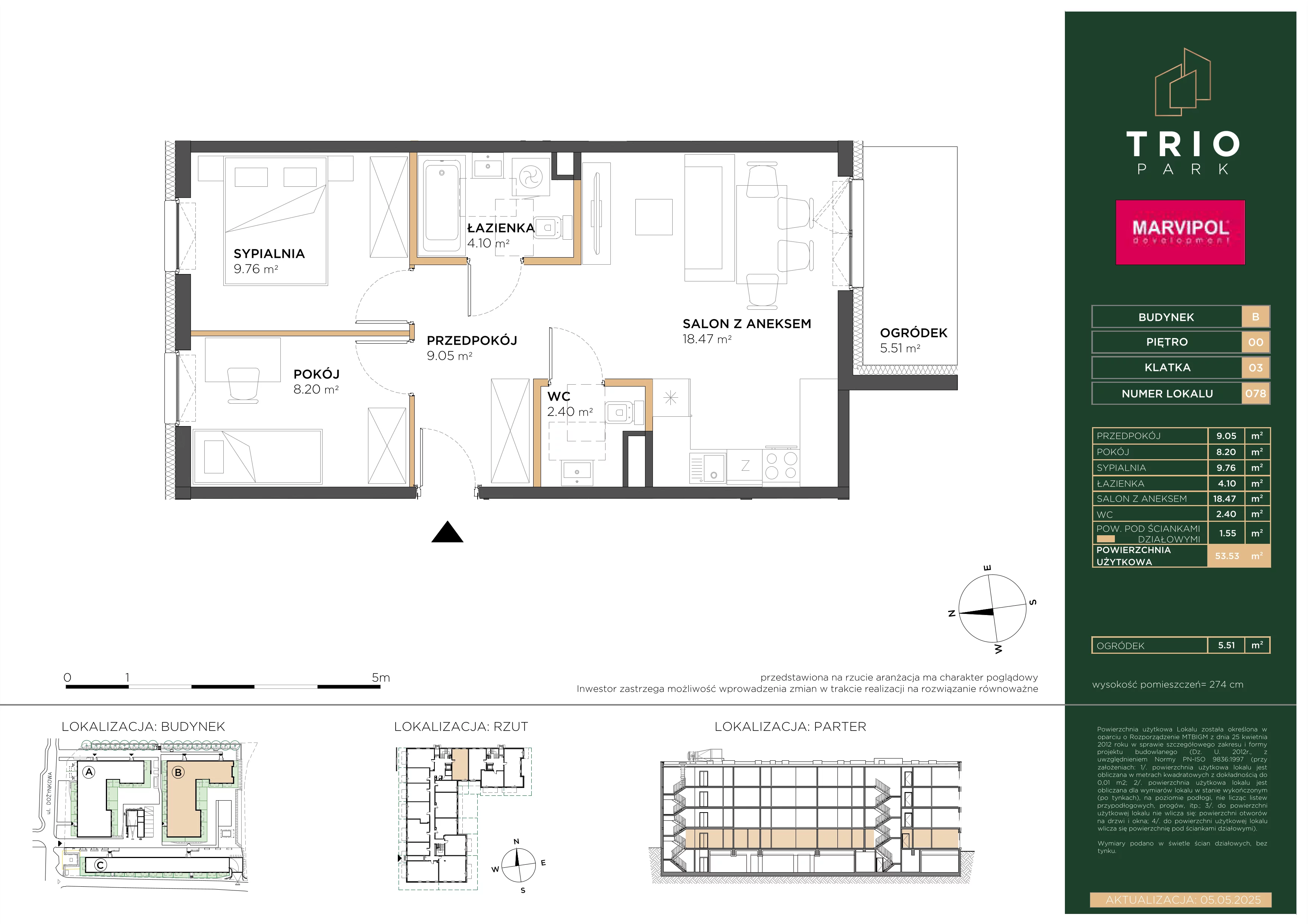 3 pokoje, mieszkanie 53,53 m², parter, oferta nr B/B078, Trio Park, Wrocław, Klecina, Krzyki, ul. Dożynkowa