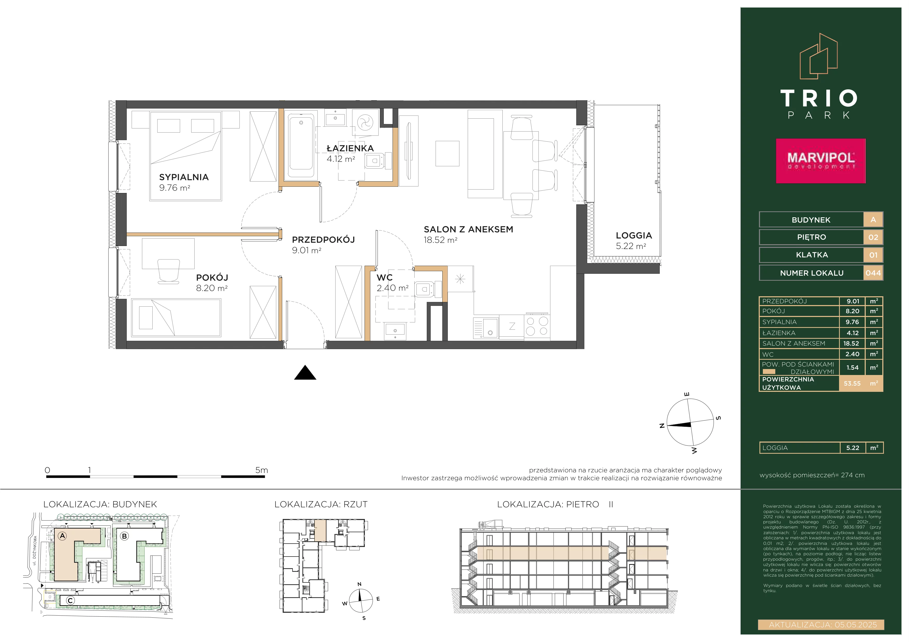 3 pokoje, mieszkanie 53,55 m², piętro 2, oferta nr A/A044, Trio Park, Wrocław, Klecina, Krzyki, ul. Dożynkowa