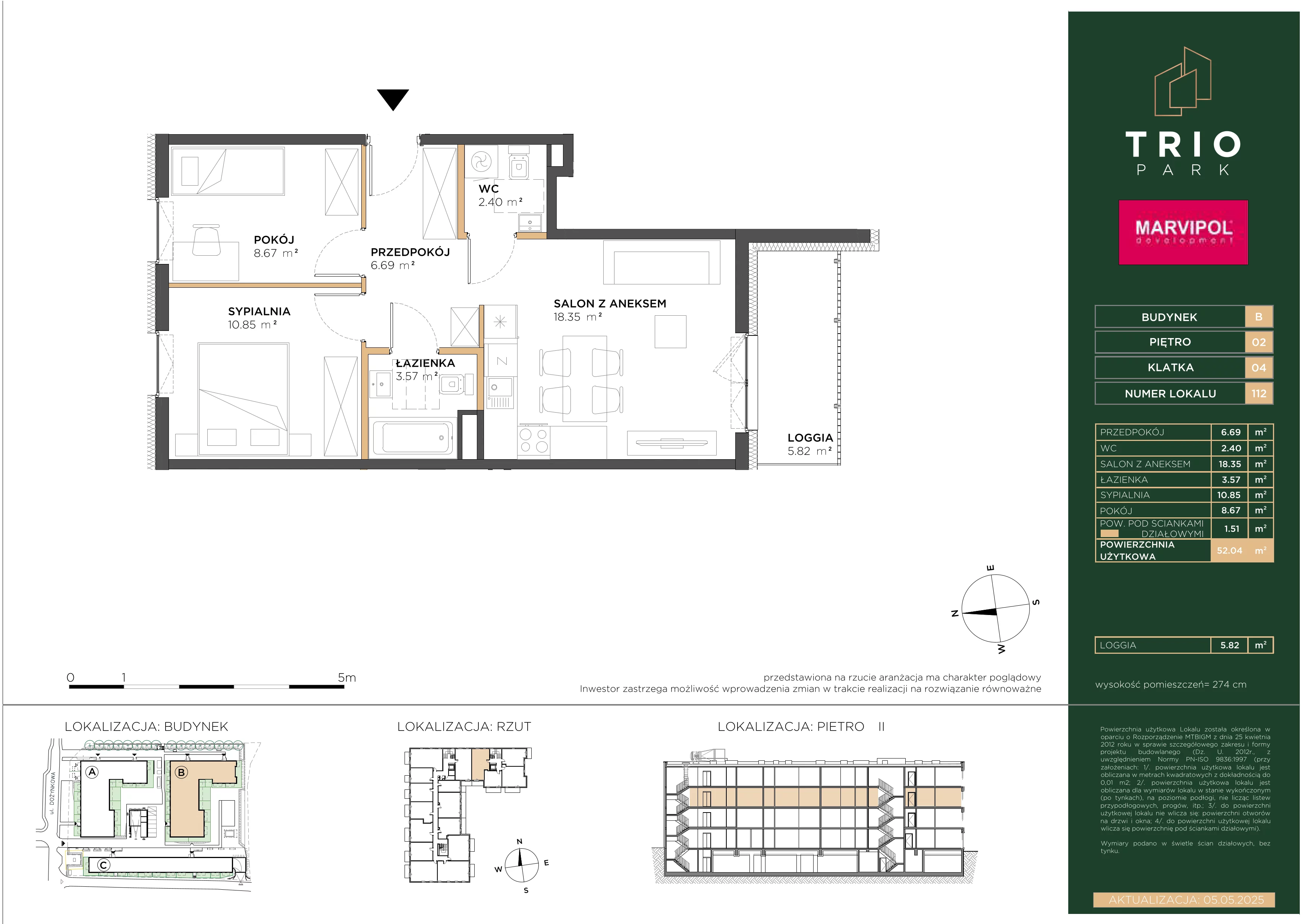 3 pokoje, mieszkanie 52,04 m², piętro 2, oferta nr B/B112, Trio Park, Wrocław, Klecina, Krzyki, ul. Dożynkowa