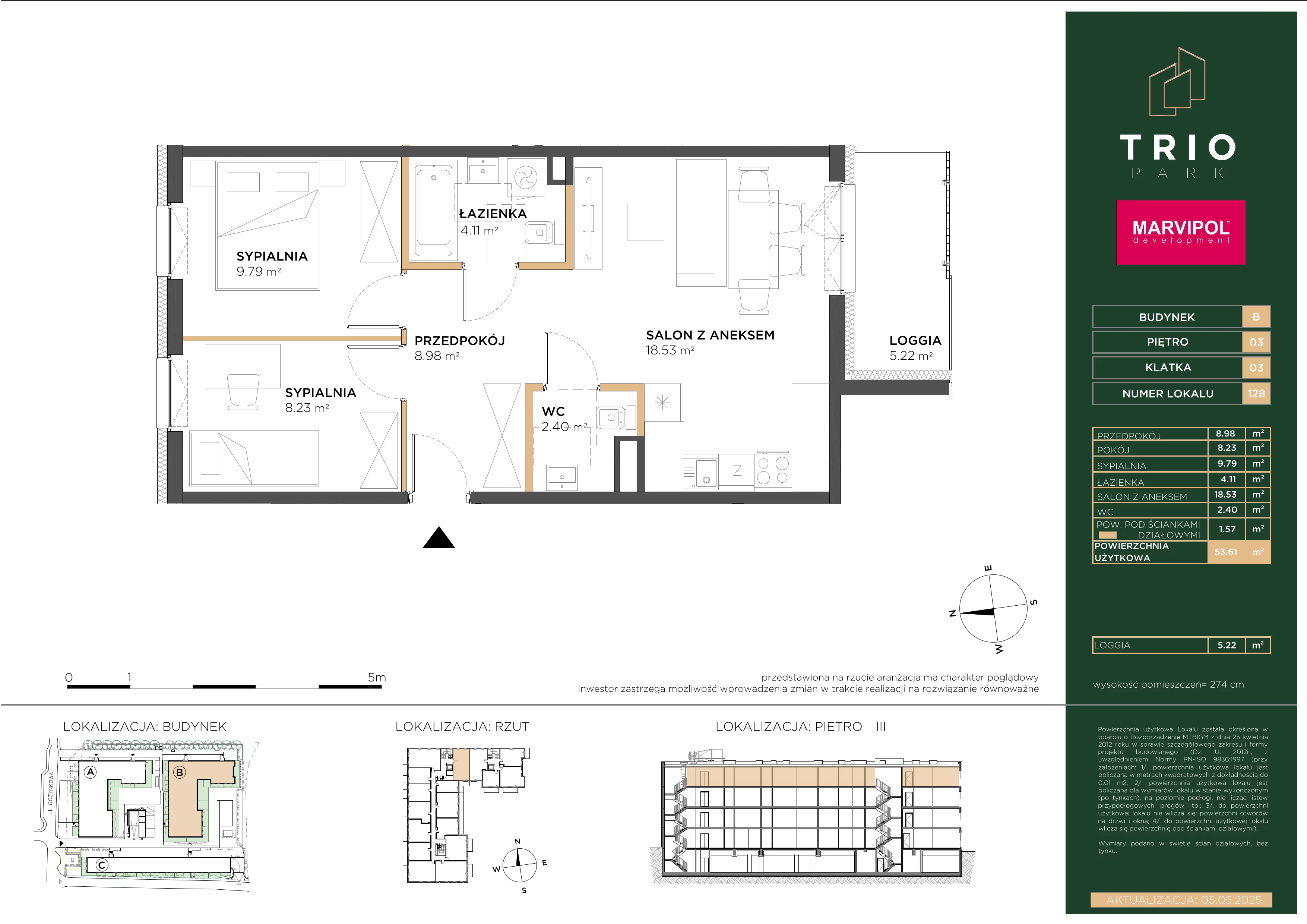 3 pokoje, mieszkanie 53,61 m², piętro 3, oferta nr B/B128, Trio Park, Wrocław, Klecina, Krzyki, ul. Dożynkowa