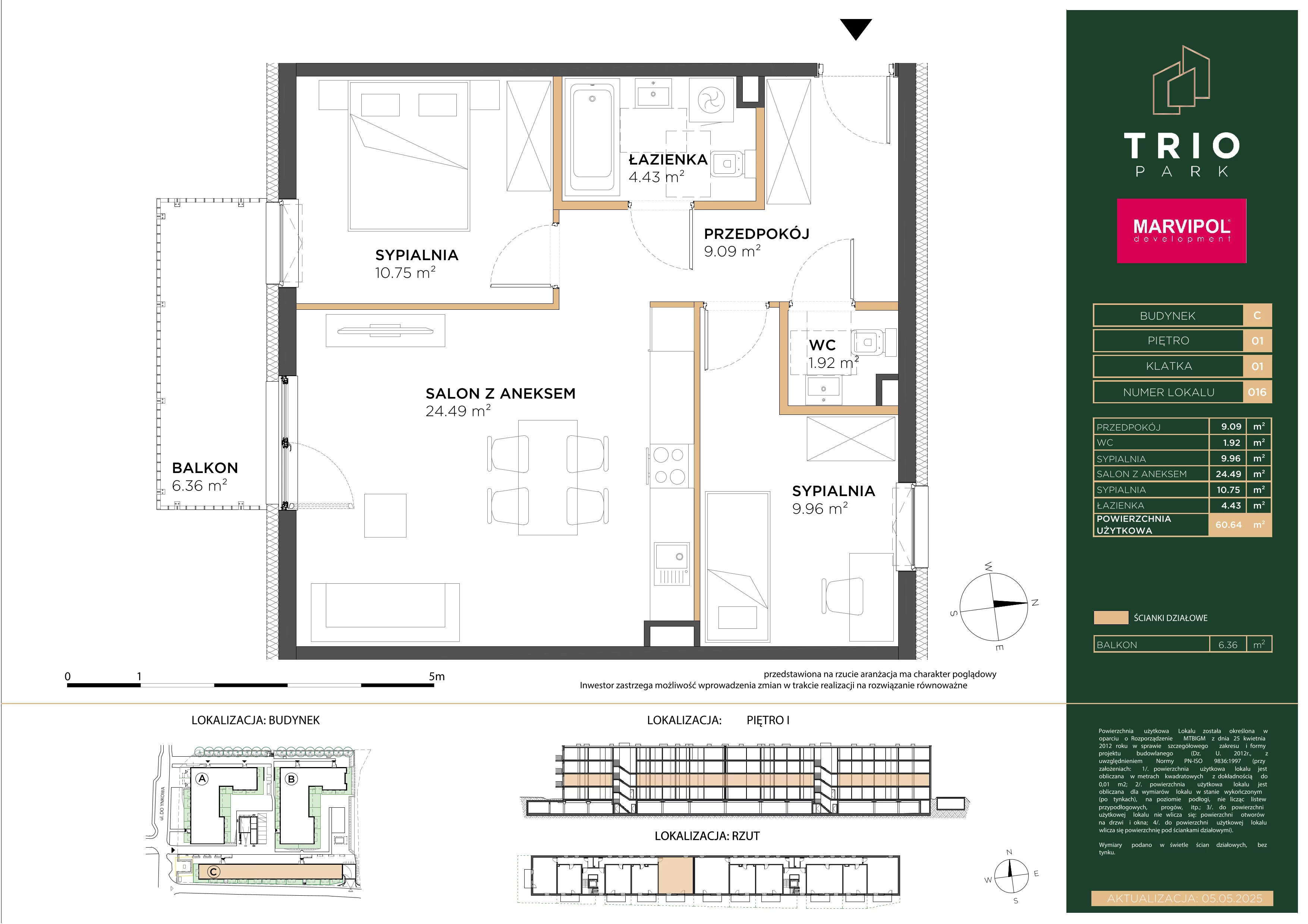 3 pokoje, mieszkanie 60,64 m², piętro 1, oferta nr C/C016, Trio Park, Wrocław, Klecina, Krzyki, ul. Dożynkowa