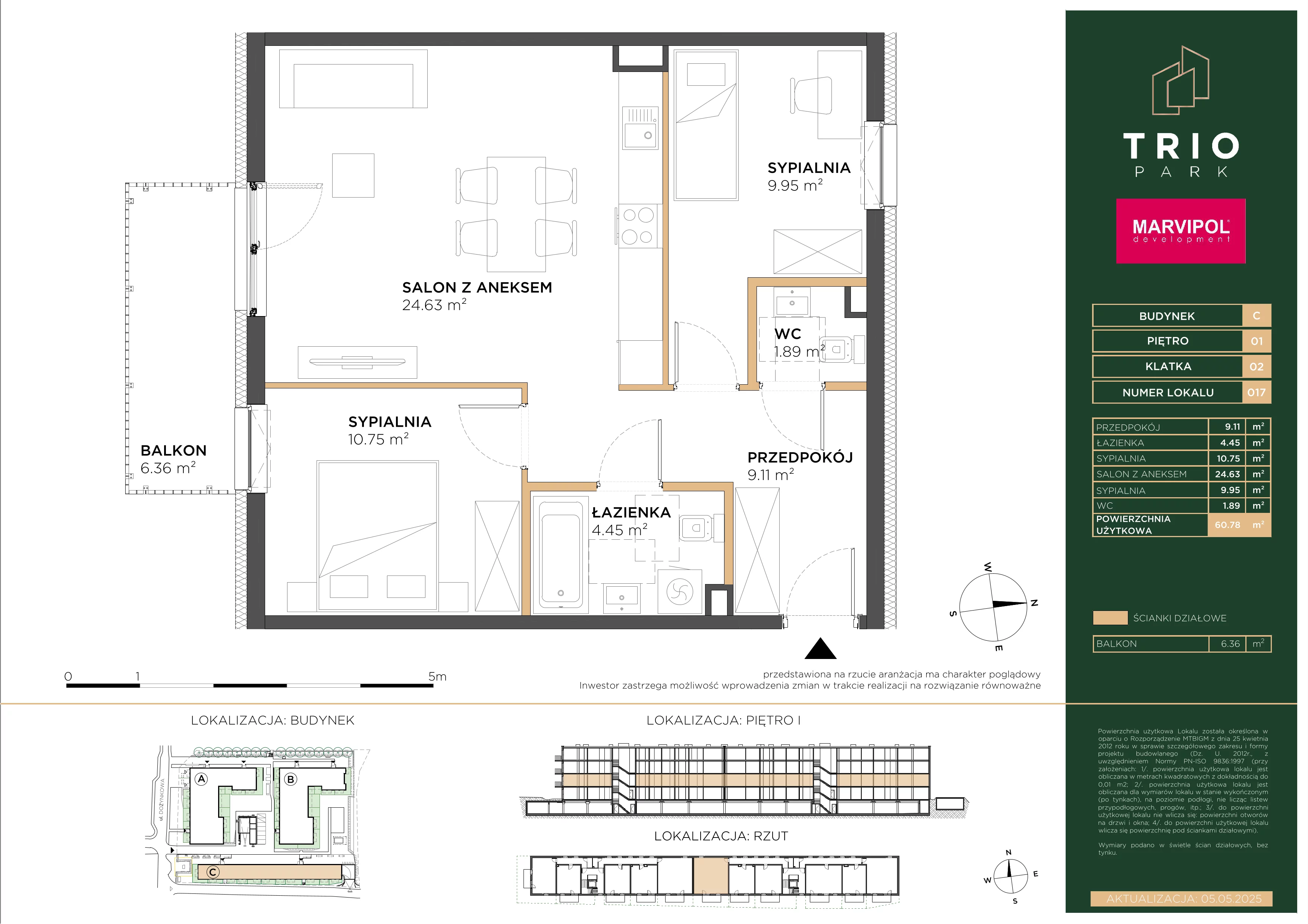 3 pokoje, mieszkanie 60,78 m², piętro 1, oferta nr C/C017, Trio Park, Wrocław, Klecina, Krzyki, ul. Dożynkowa