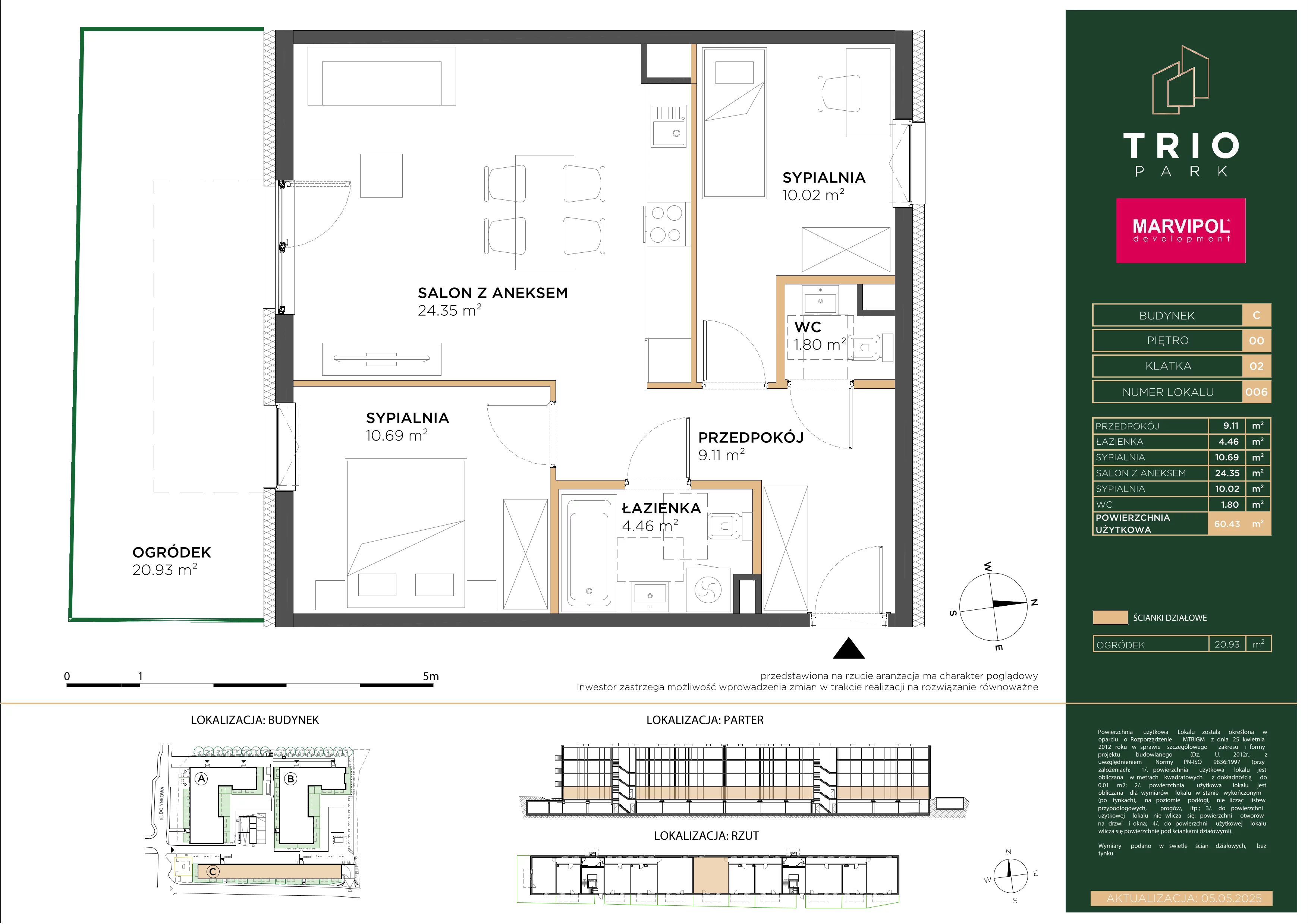 3 pokoje, mieszkanie 60,43 m², parter, oferta nr C/C006, Trio Park, Wrocław, Klecina, Krzyki, ul. Dożynkowa