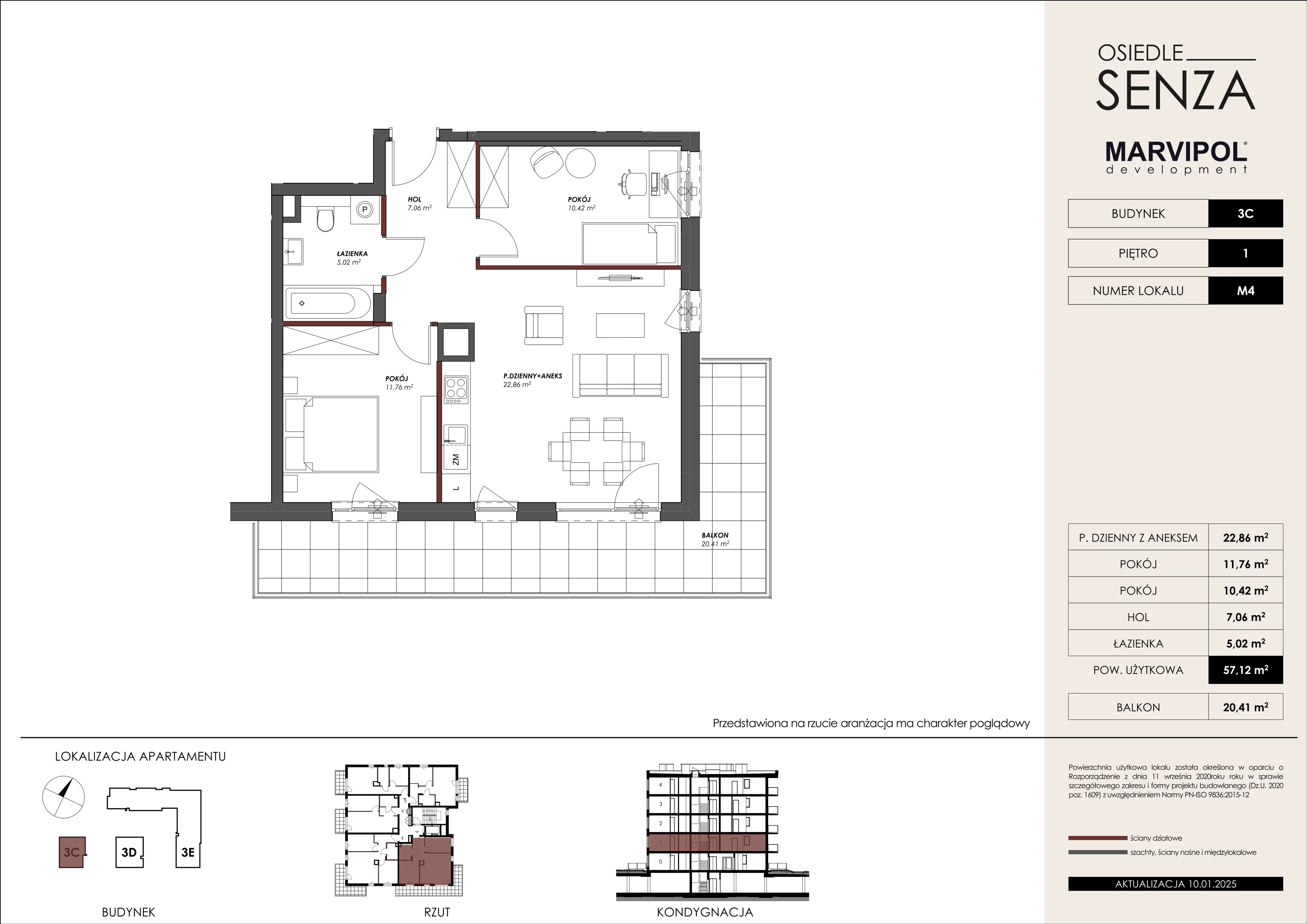 3 pokoje, mieszkanie 57,12 m², piętro 1, oferta nr 3C/M04, Osiedle Senza, Warszawa, Białołęka, Nowodwory, ul. Grzymalitów 3C, 3D, 3E