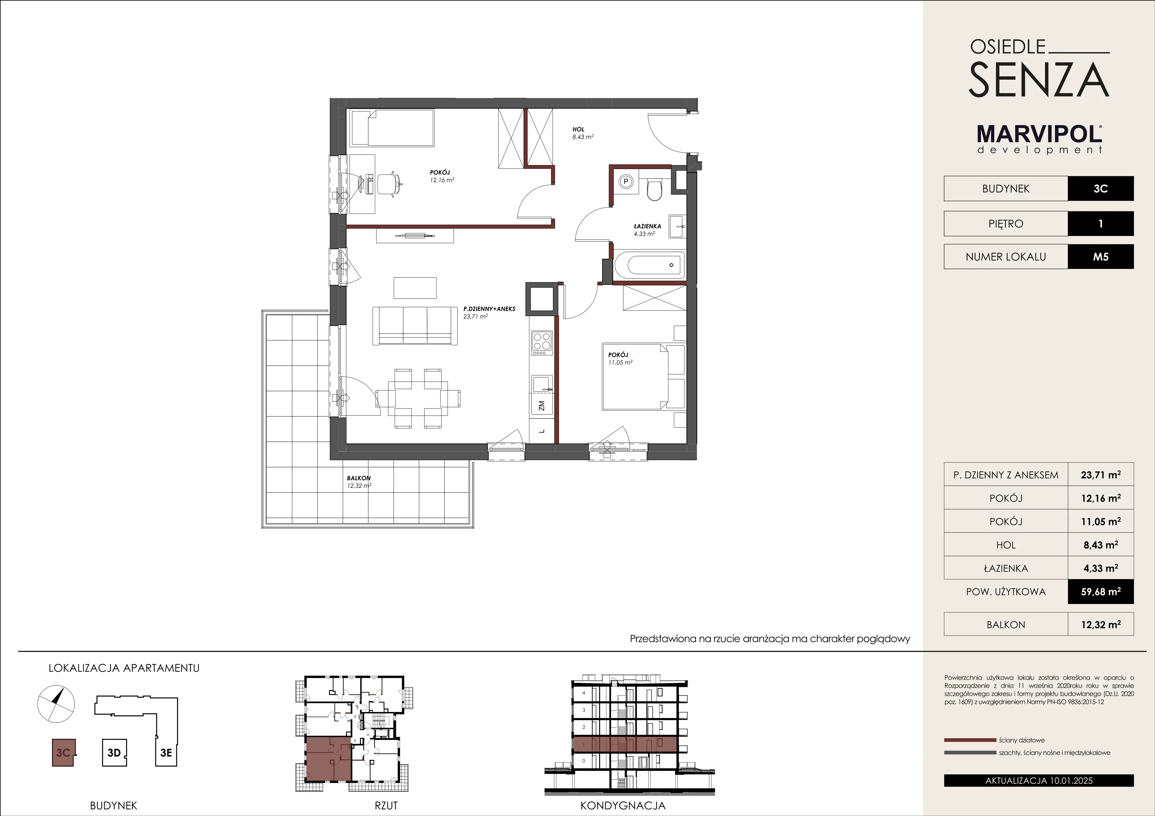 3 pokoje, mieszkanie 59,68 m², piętro 1, oferta nr 3C/M05, Osiedle Senza, Warszawa, Białołęka, Nowodwory, ul. Grzymalitów 3C, 3D, 3E