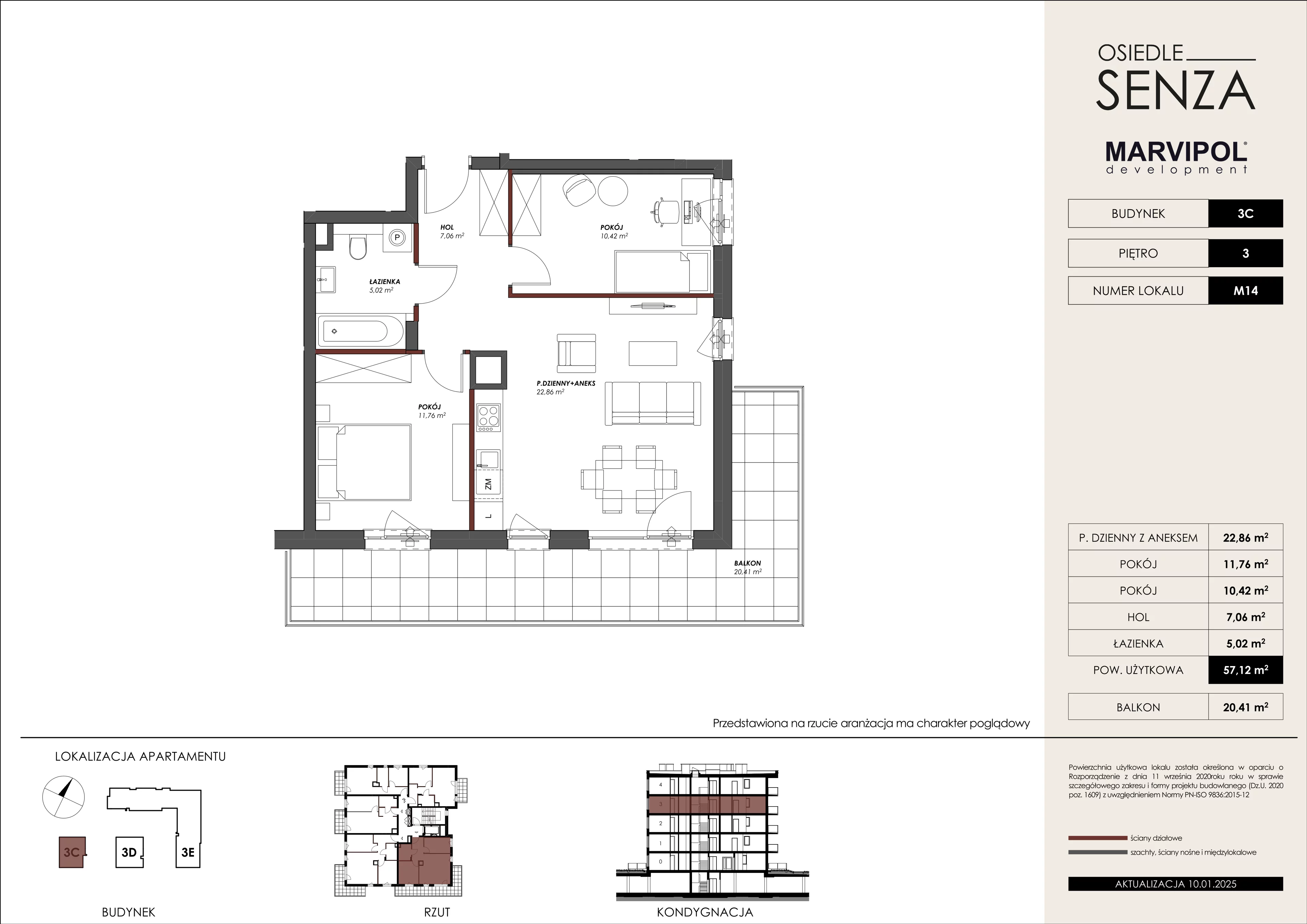 3 pokoje, mieszkanie 57,12 m², piętro 3, oferta nr 3C/M14, Osiedle Senza, Warszawa, Białołęka, Nowodwory, ul. Grzymalitów 3C, 3D, 3E