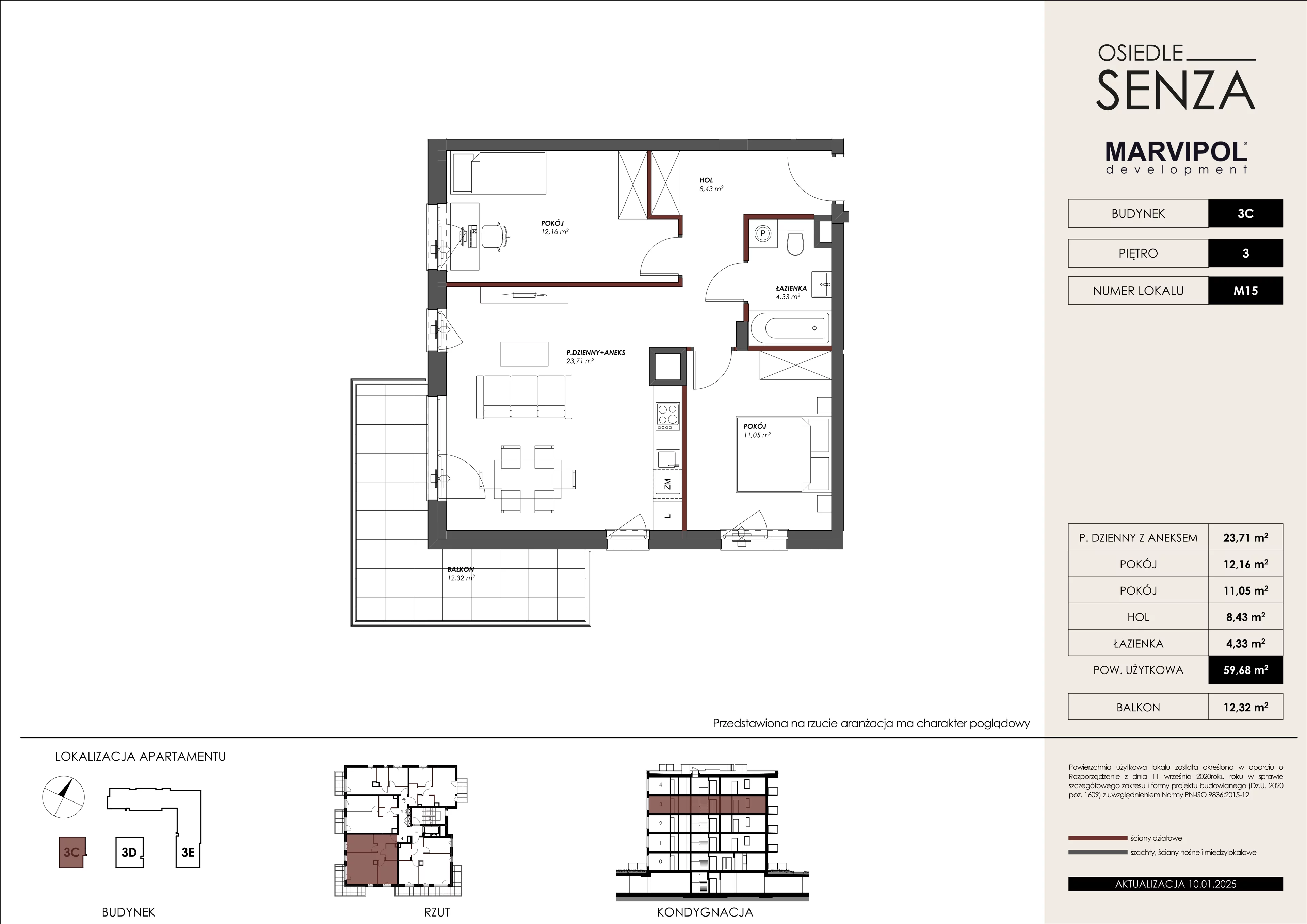 3 pokoje, mieszkanie 59,68 m², piętro 3, oferta nr 3C/M15, Osiedle Senza, Warszawa, Białołęka, Nowodwory, ul. Grzymalitów 3C, 3D, 3E