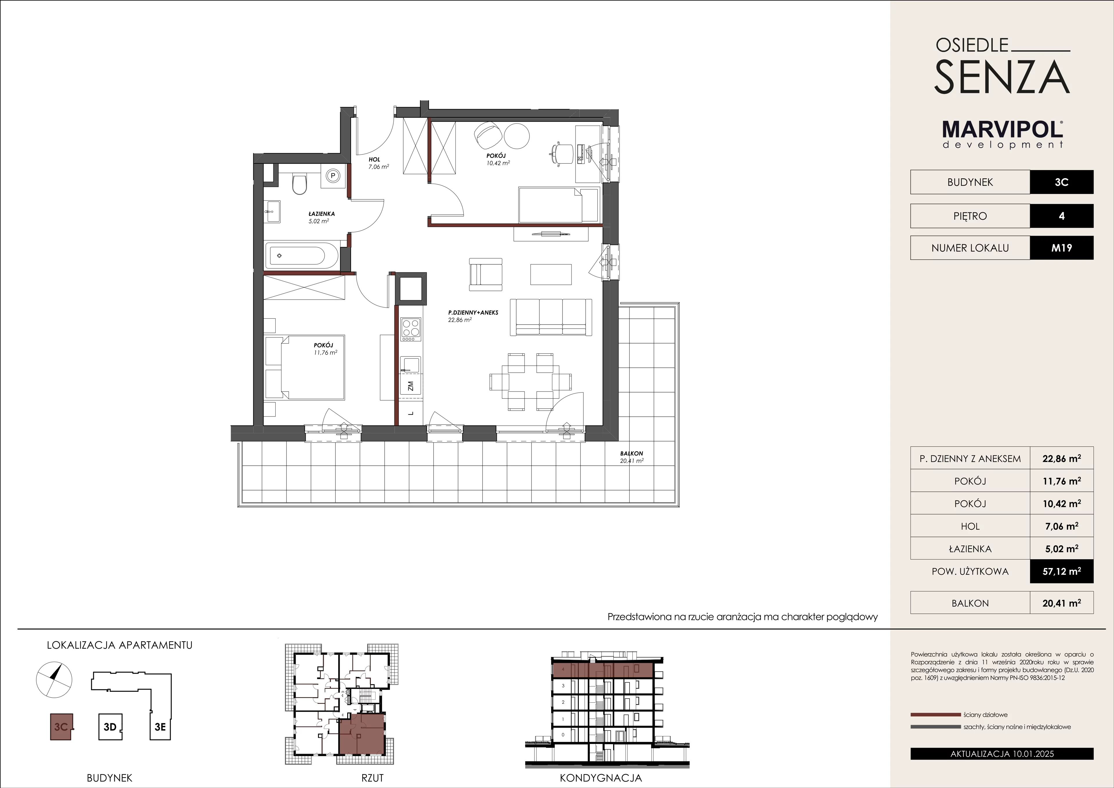 3 pokoje, mieszkanie 57,12 m², piętro 4, oferta nr 3C/M19, Osiedle Senza, Warszawa, Białołęka, Nowodwory, ul. Grzymalitów 3C, 3D, 3E