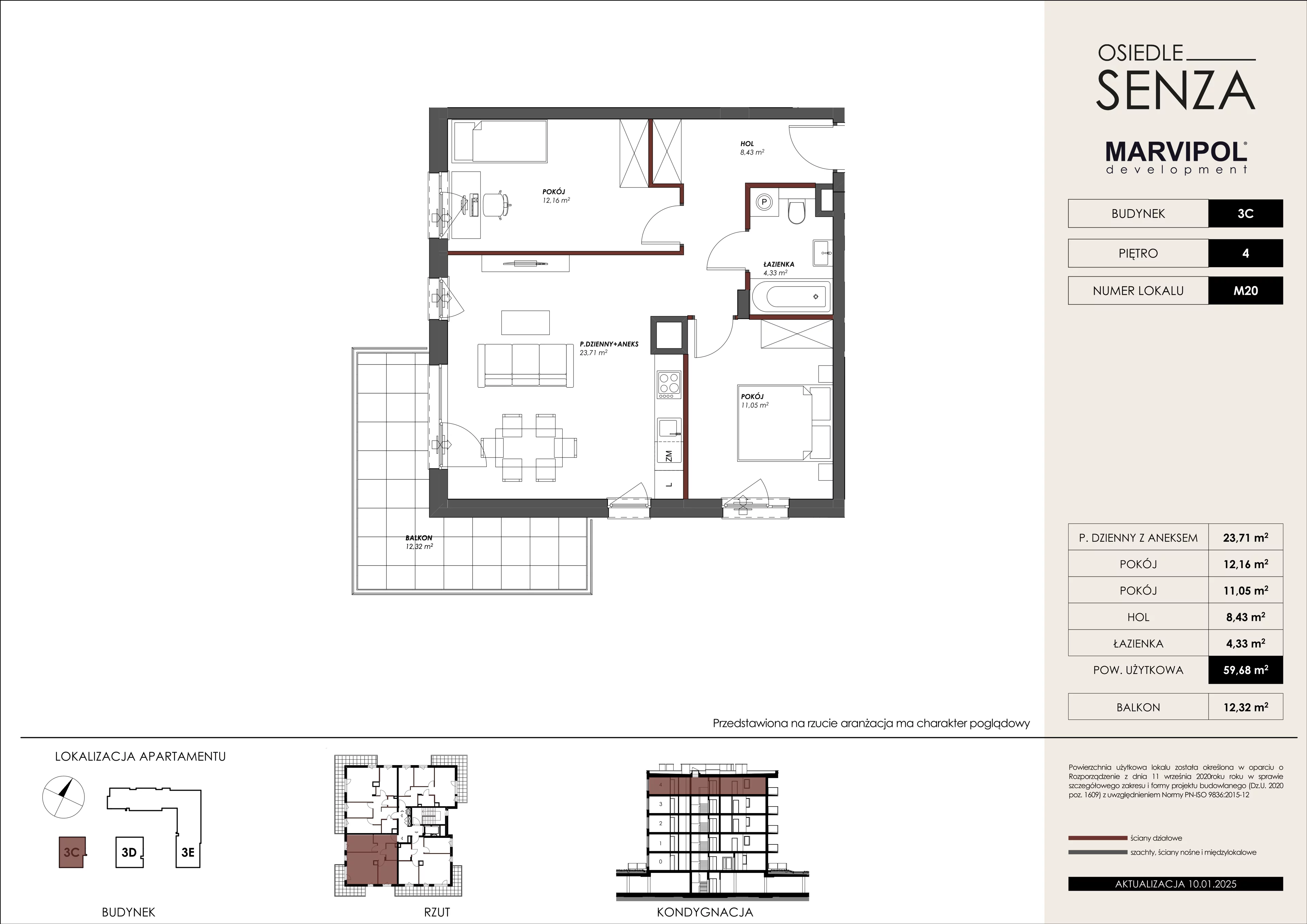 3 pokoje, mieszkanie 59,68 m², piętro 4, oferta nr 3C/M20, Osiedle Senza, Warszawa, Białołęka, Nowodwory, ul. Grzymalitów 3C, 3D, 3E