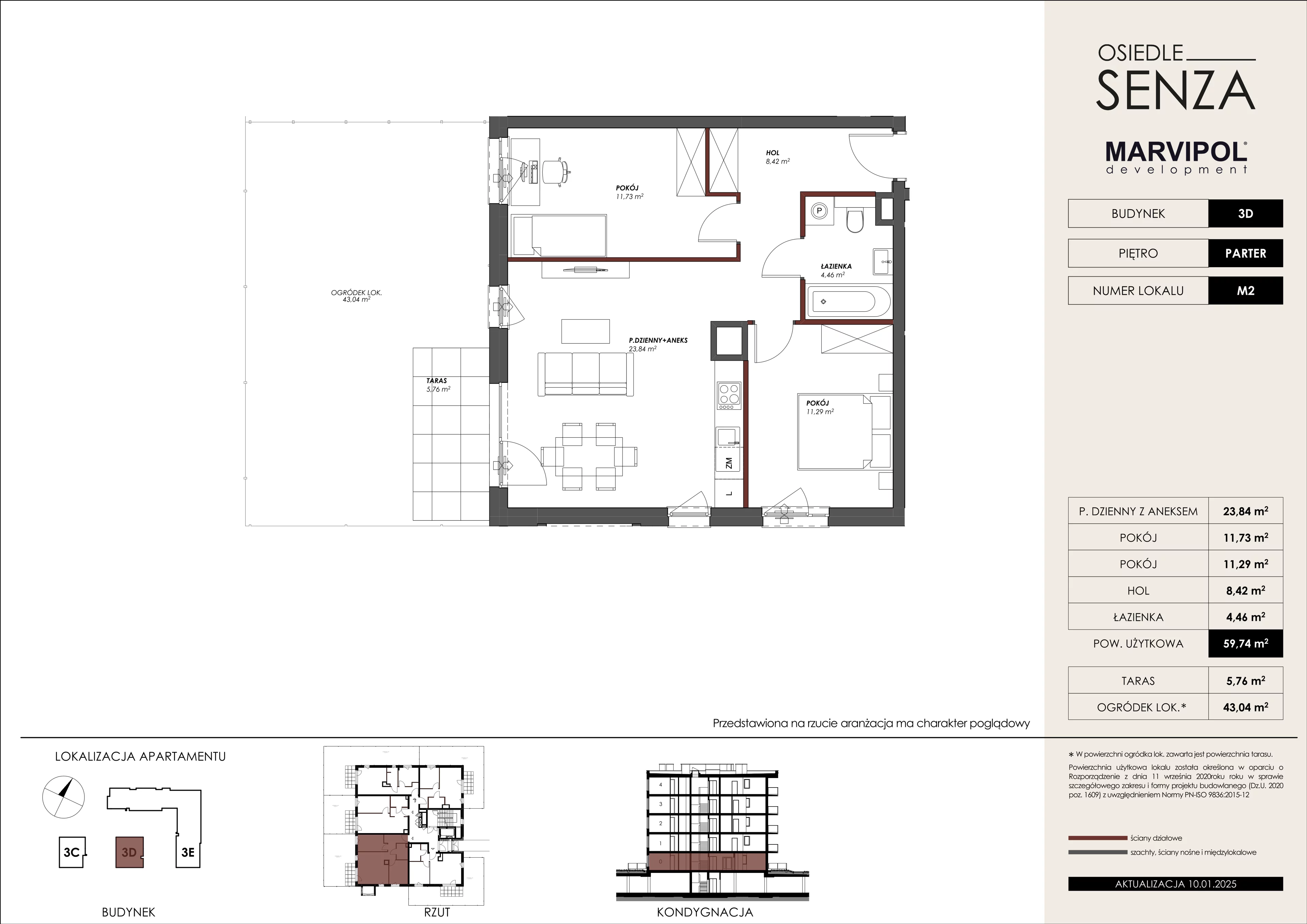 3 pokoje, mieszkanie 59,74 m², parter, oferta nr 3D/M02, Osiedle Senza, Warszawa, Białołęka, Nowodwory, ul. Grzymalitów 3C, 3D, 3E