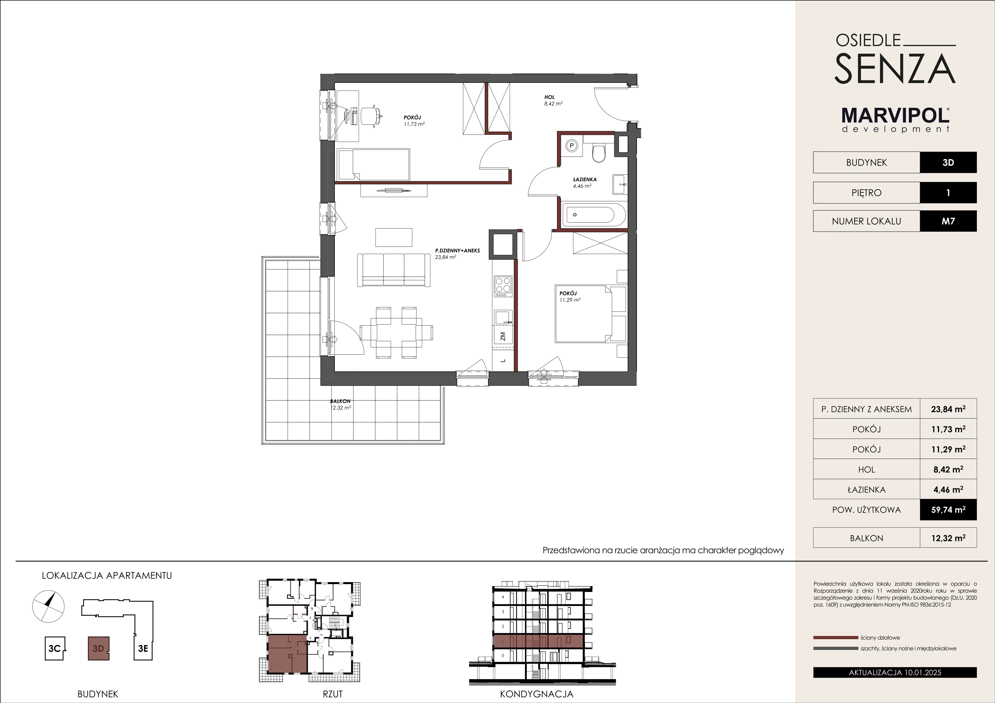 3 pokoje, mieszkanie 59,74 m², piętro 1, oferta nr 3D/M07, Osiedle Senza, Warszawa, Białołęka, Nowodwory, ul. Grzymalitów 3C, 3D, 3E