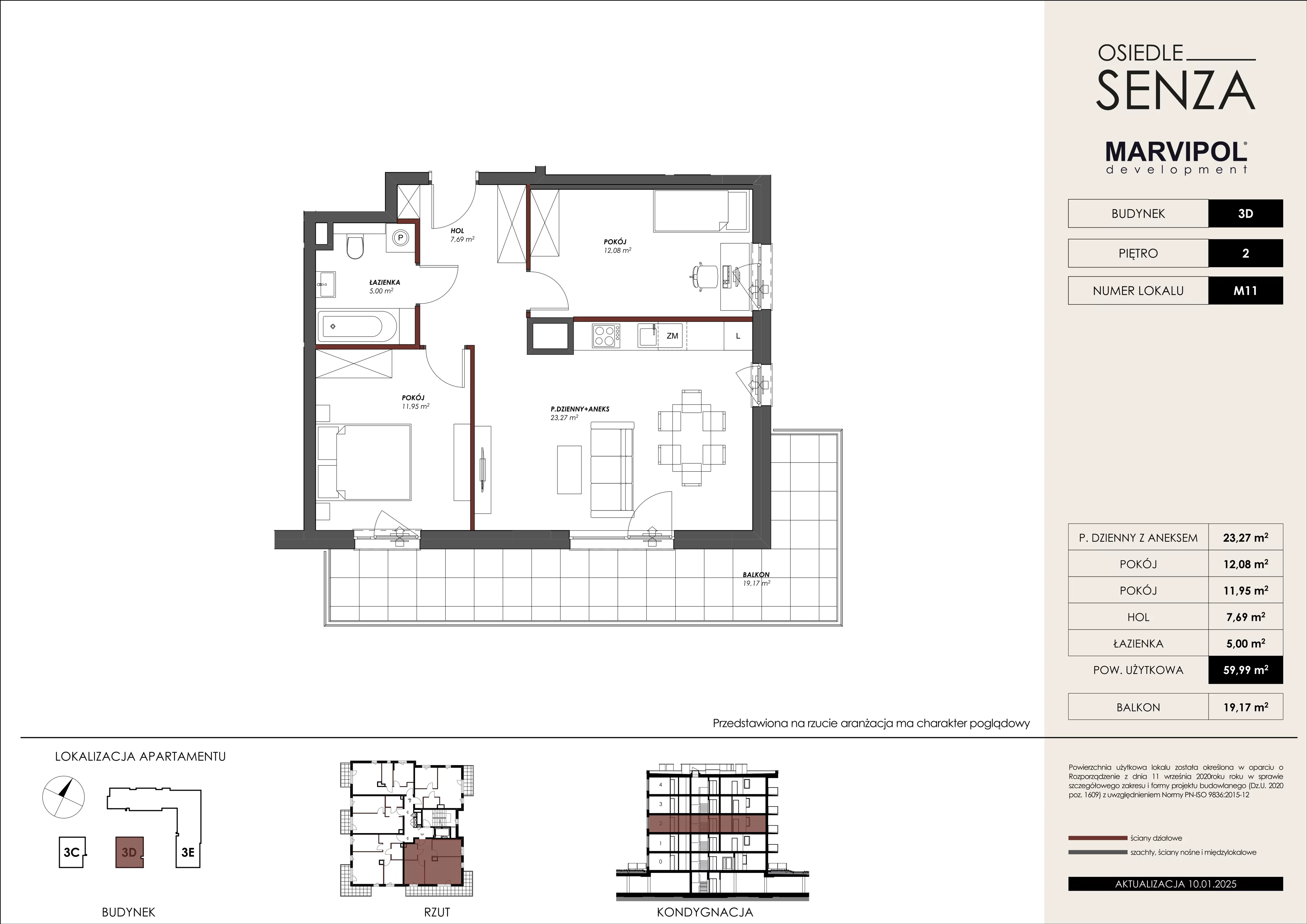 3 pokoje, mieszkanie 59,99 m², piętro 2, oferta nr 3D/M11, Osiedle Senza, Warszawa, Białołęka, Nowodwory, ul. Grzymalitów 3C, 3D, 3E