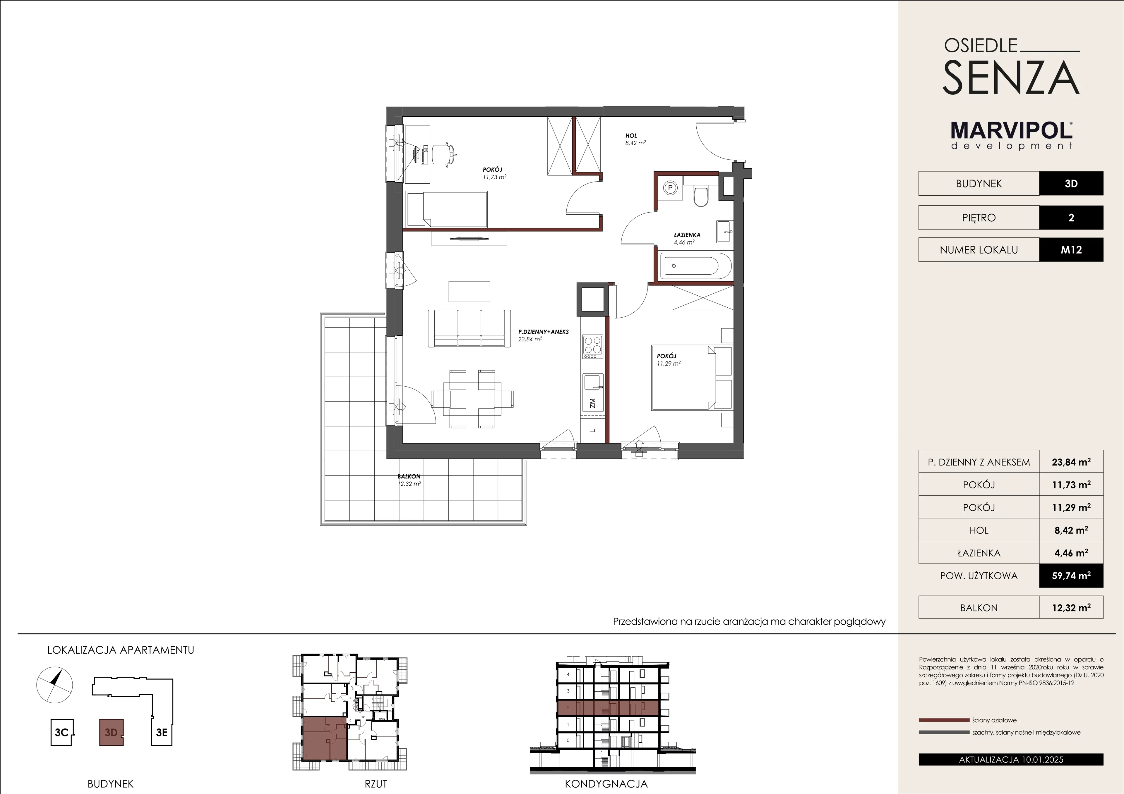 3 pokoje, mieszkanie 59,74 m², piętro 2, oferta nr 3D/M12, Osiedle Senza, Warszawa, Białołęka, Nowodwory, ul. Grzymalitów 3C, 3D, 3E