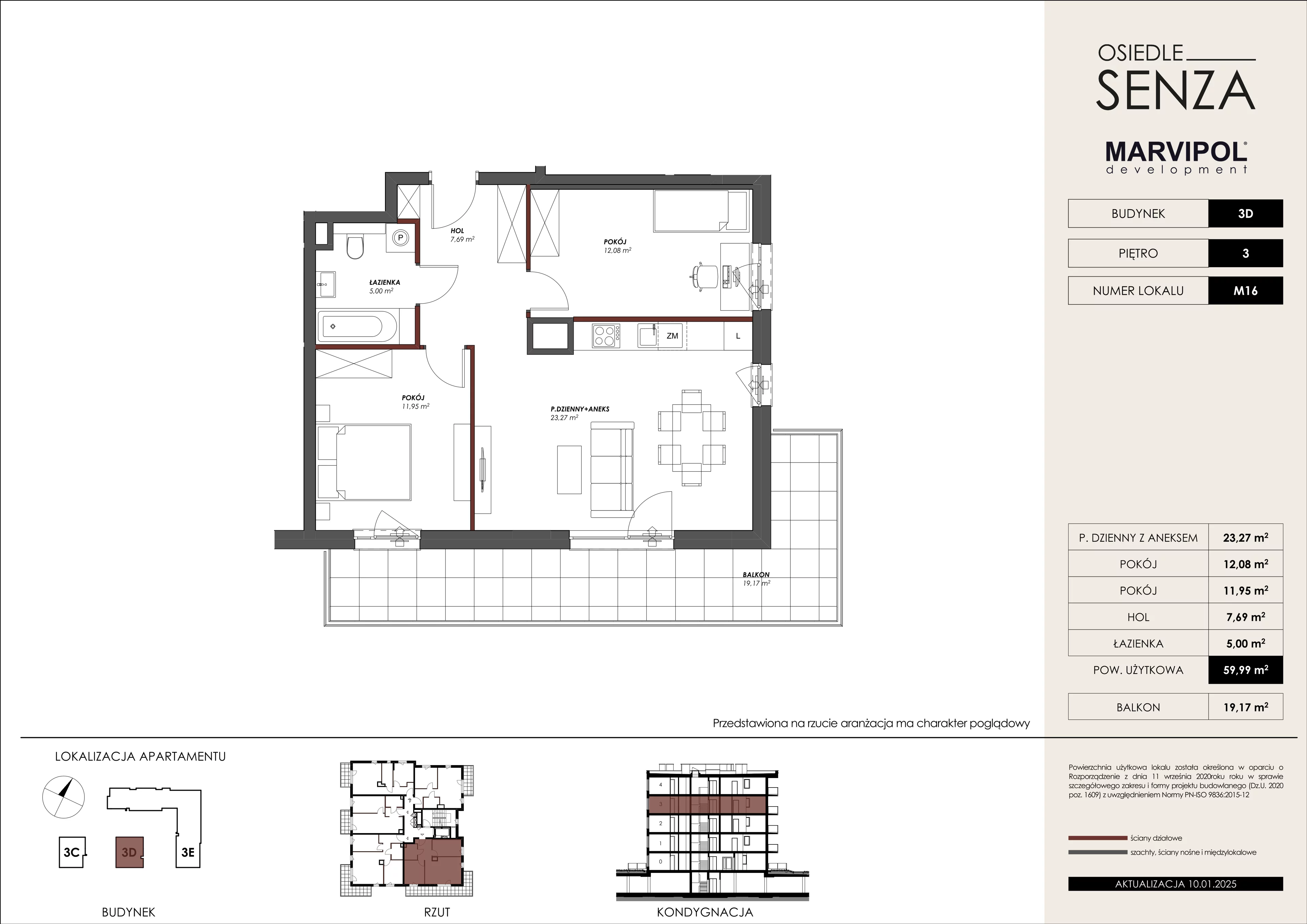 3 pokoje, mieszkanie 59,99 m², piętro 3, oferta nr 3D/M16, Osiedle Senza, Warszawa, Białołęka, Nowodwory, ul. Grzymalitów 3C, 3D, 3E