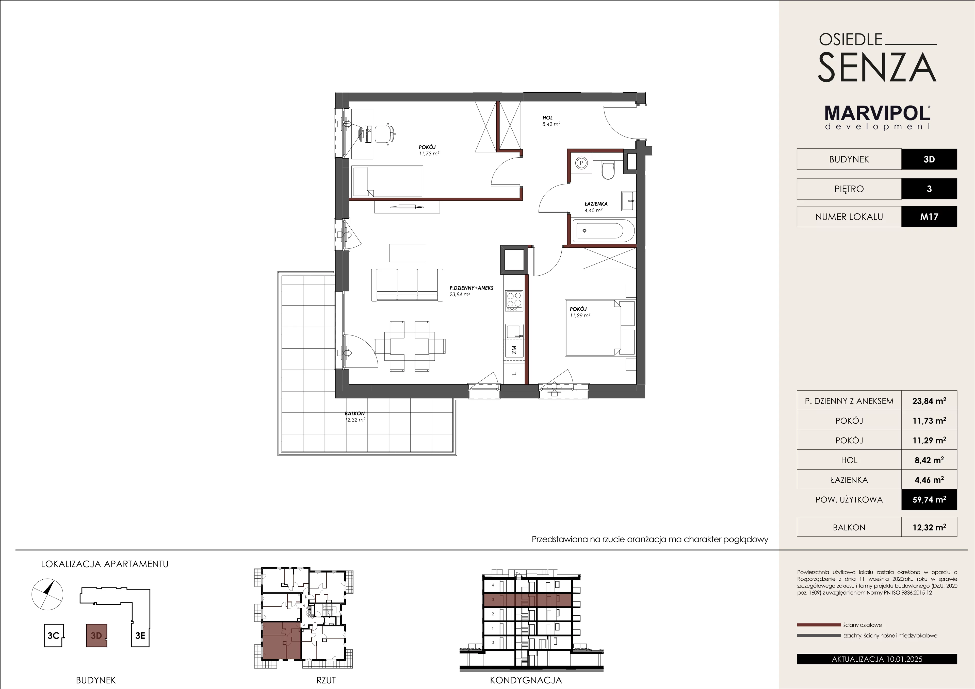 3 pokoje, mieszkanie 59,74 m², piętro 3, oferta nr 3D/M17, Osiedle Senza, Warszawa, Białołęka, Nowodwory, ul. Grzymalitów 3C, 3D, 3E