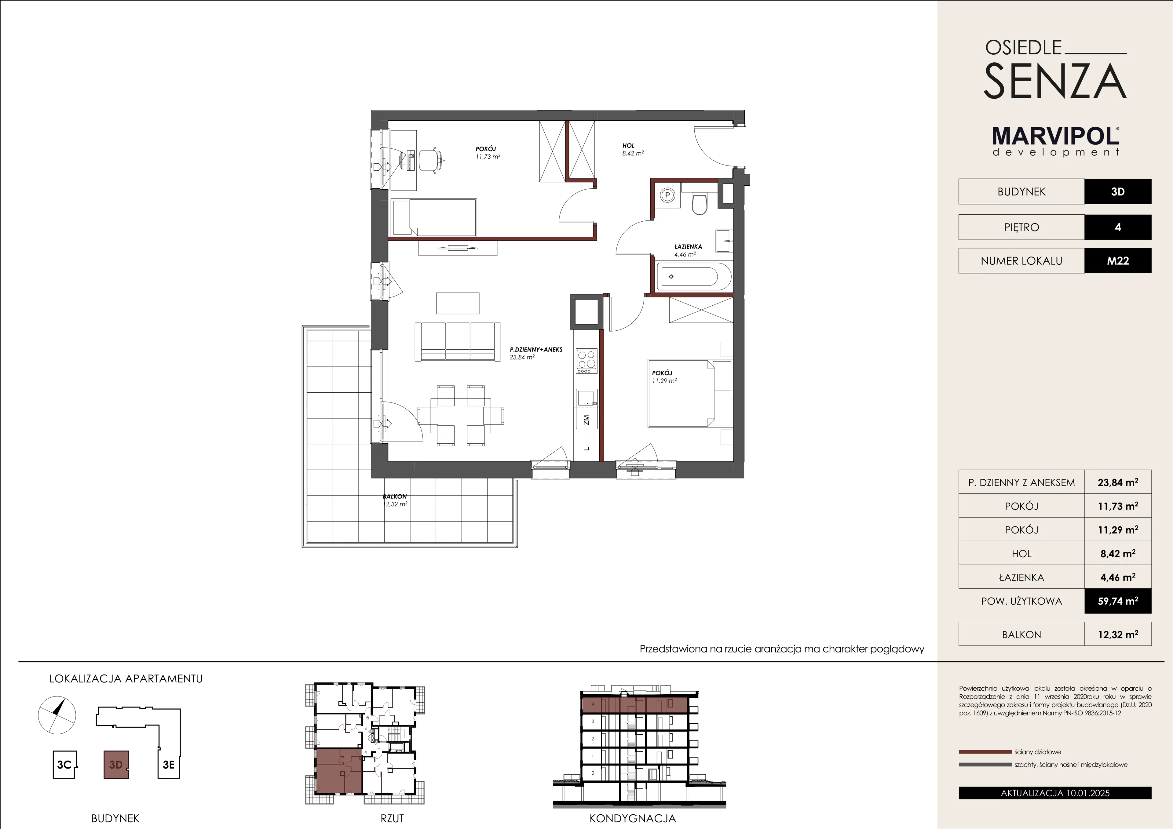 3 pokoje, mieszkanie 59,74 m², piętro 4, oferta nr 3D/M22, Osiedle Senza, Warszawa, Białołęka, Nowodwory, ul. Grzymalitów 3C, 3D, 3E