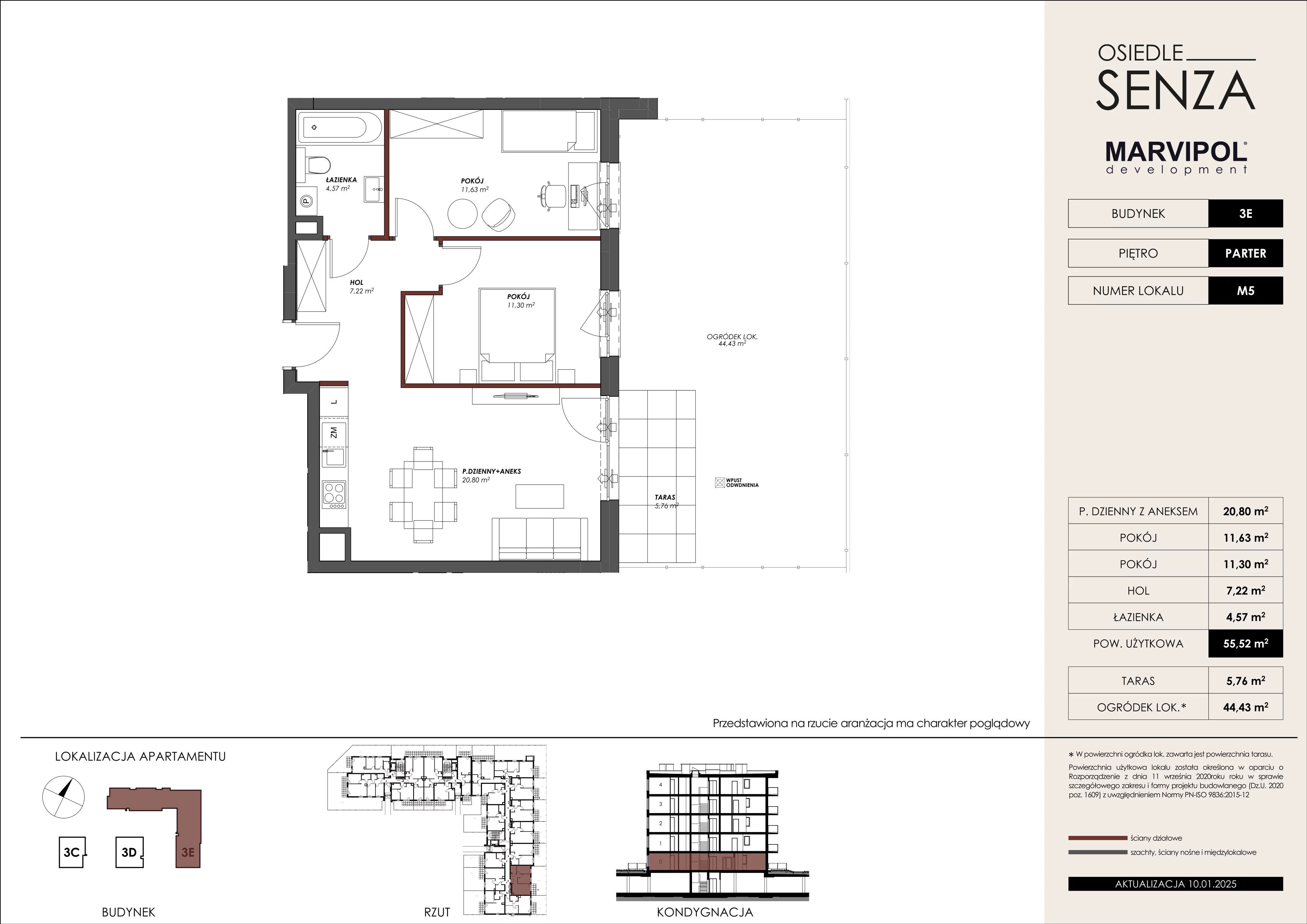 3 pokoje, mieszkanie 55,52 m², parter, oferta nr 3E/M05, Osiedle Senza, Warszawa, Białołęka, Nowodwory, ul. Grzymalitów 3C, 3D, 3E